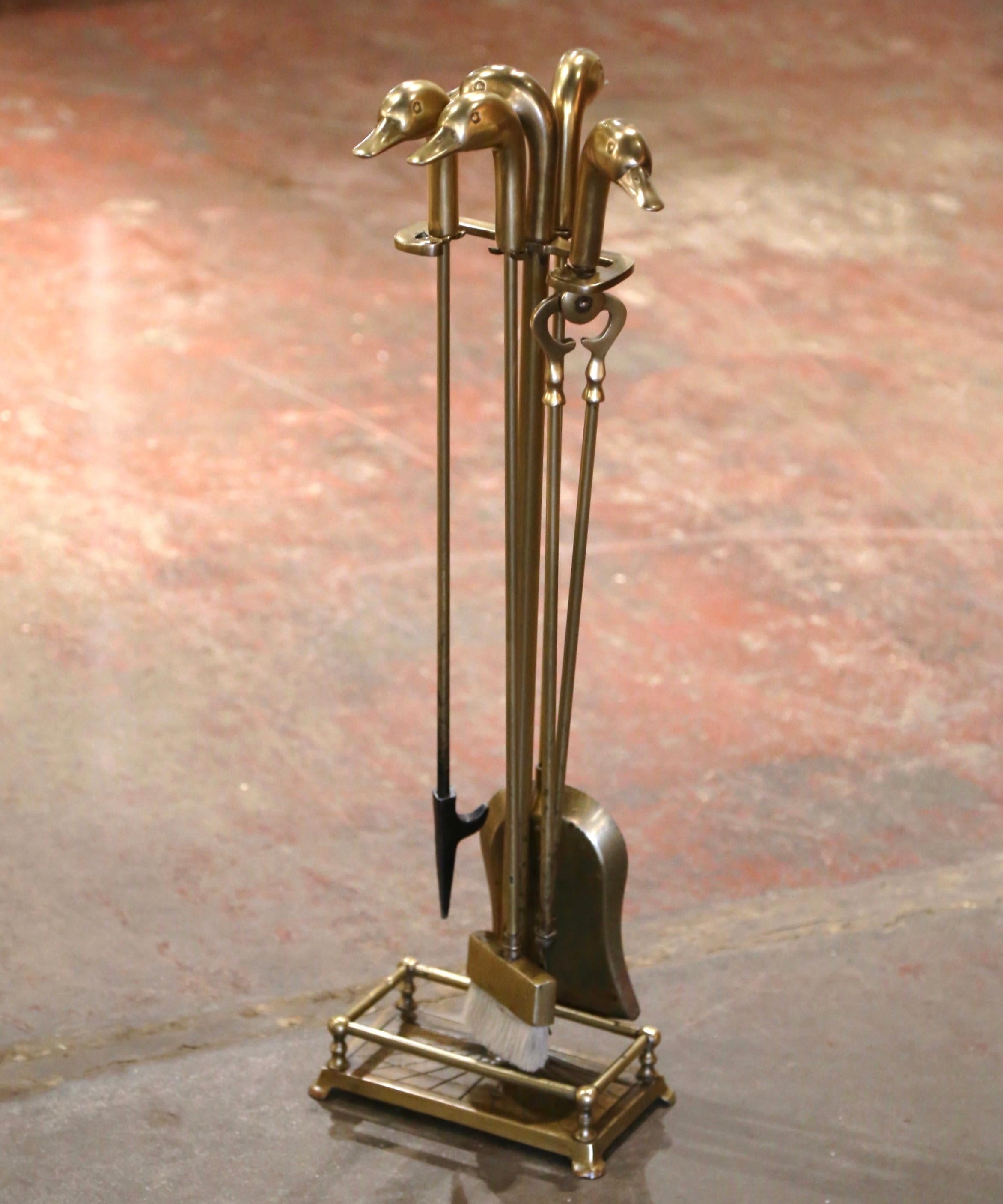 Hand-Crafted Early 20th Century French Brass Five-Piece Fireplace 
