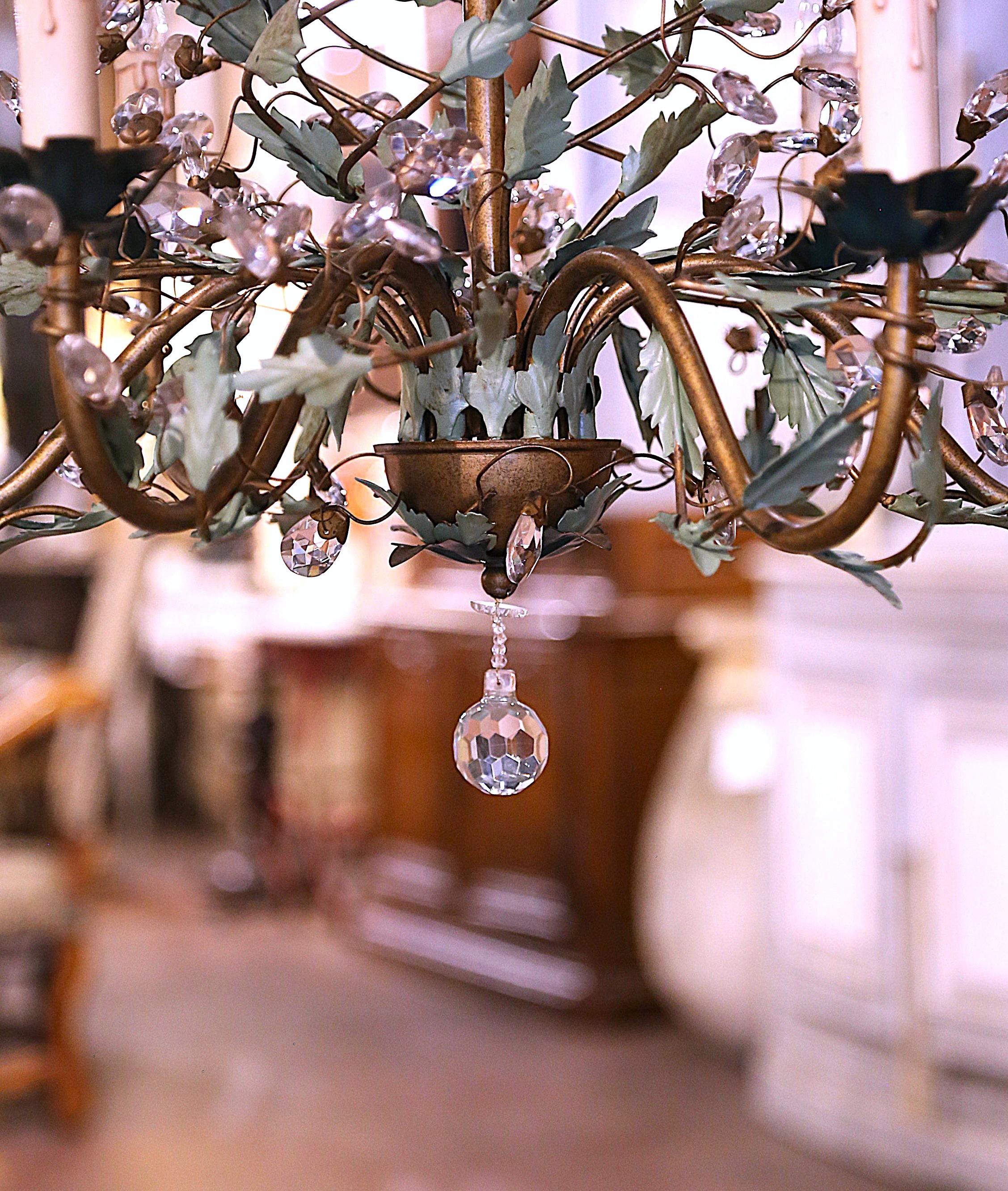 Hand-Crafted Early 20th Century French Brass & Metal Six-Light Chandelier with Crystal Buds For Sale