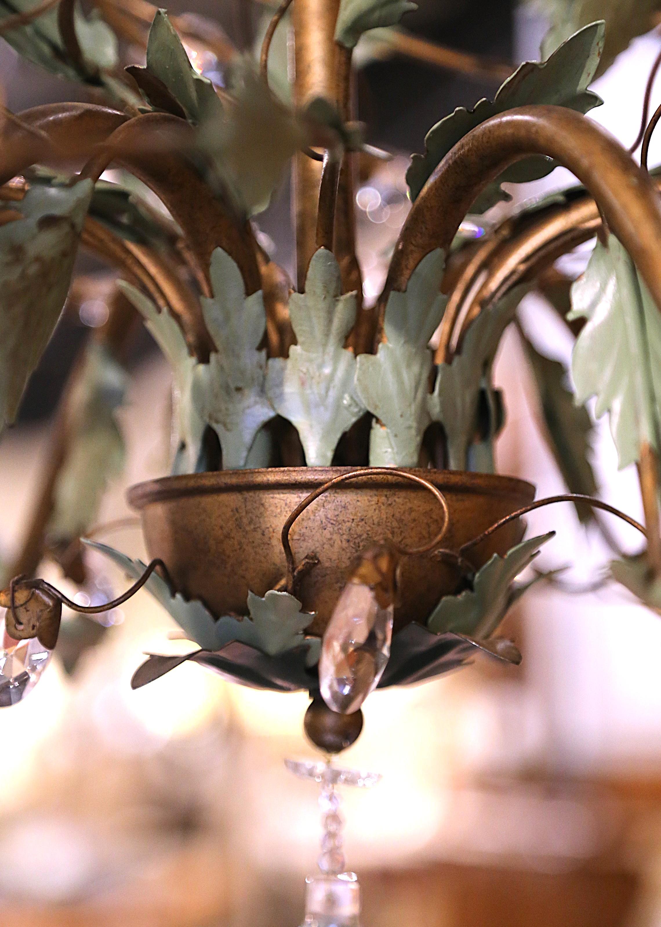 Early 20th Century French Brass & Metal Six-Light Chandelier with Crystal Buds For Sale 1