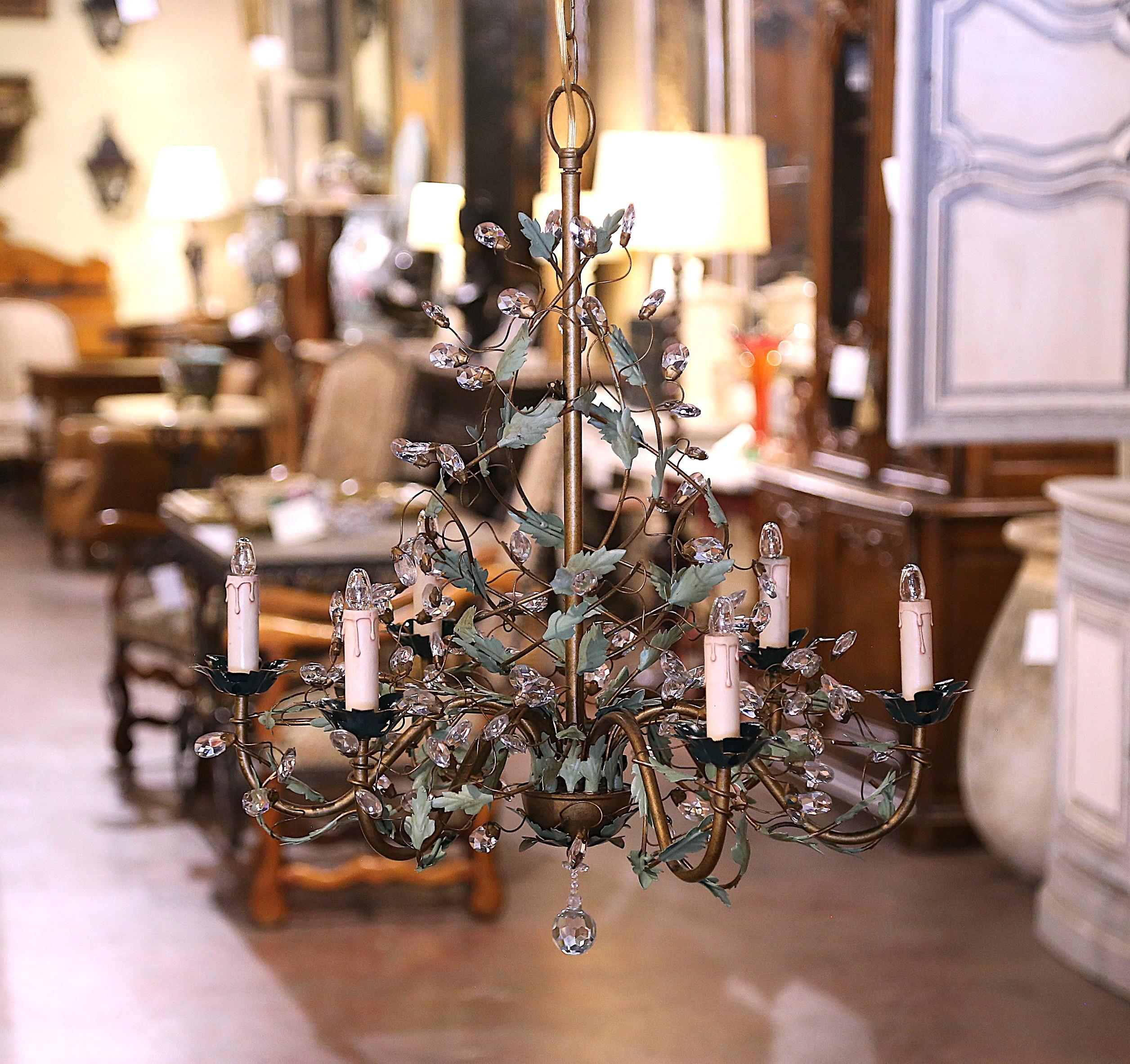 Early 20th Century French Brass & Metal Six-Light Chandelier with Crystal Buds For Sale 2