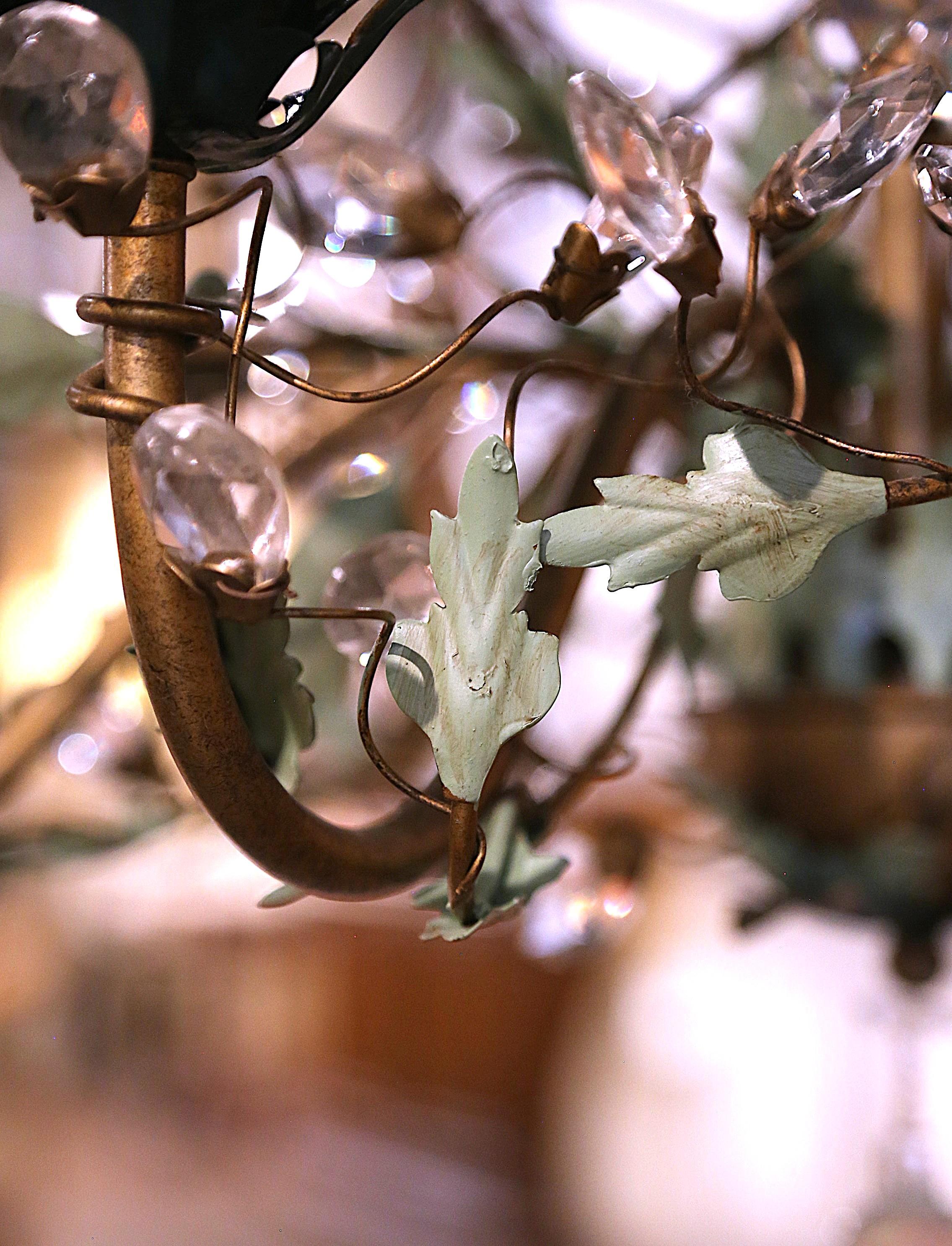 Early 20th Century French Brass & Metal Six-Light Chandelier with Crystal Buds For Sale 3