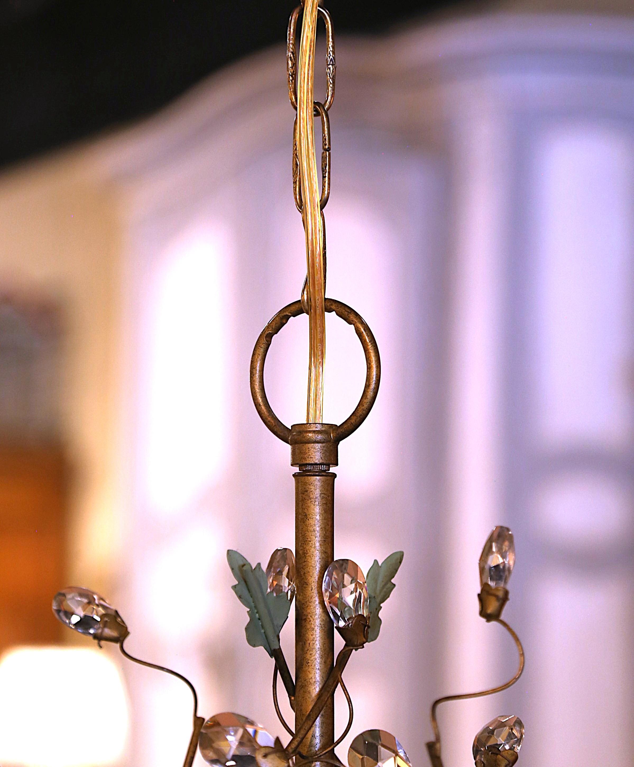 Early 20th Century French Brass & Metal Six-Light Chandelier with Crystal Buds For Sale 5