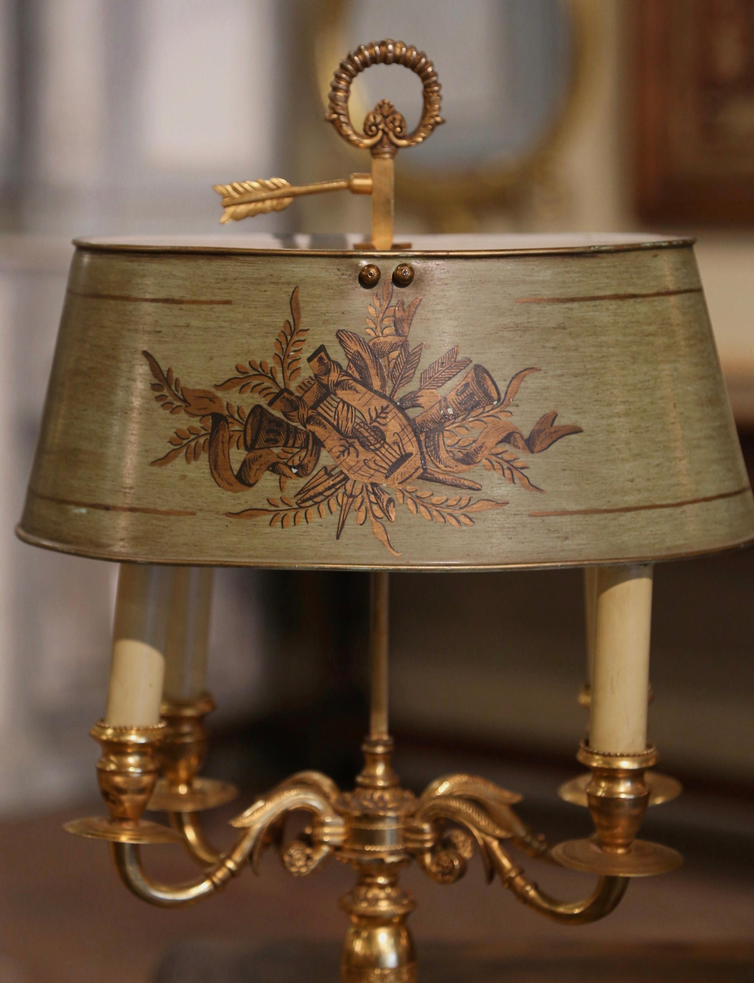 Hand-Painted Early 20th Century French Brass & Painted Tole Four-Light Bouillotte Table Lamp For Sale