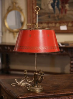 Frühe 20. Jahrhundert Französisch Messing & bemalt Tole Drei-Licht Bouillotte Tischlampe