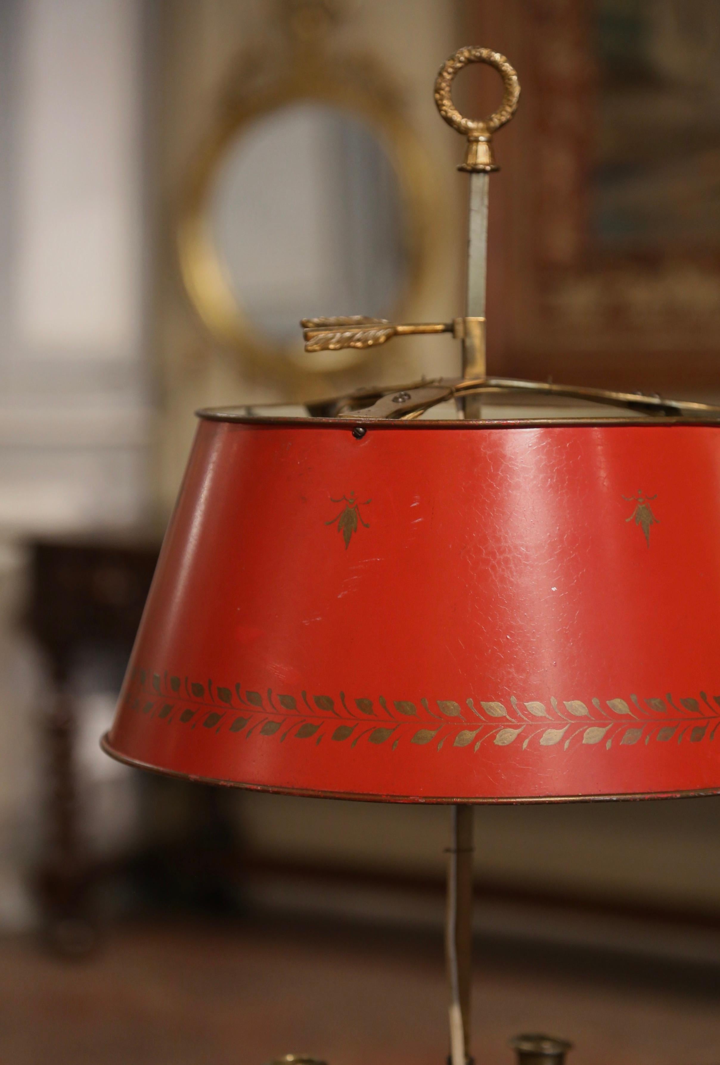 Tôle Early 20th Century French Brass & Painted Tole Three-Light Bouillotte Table Lamp For Sale