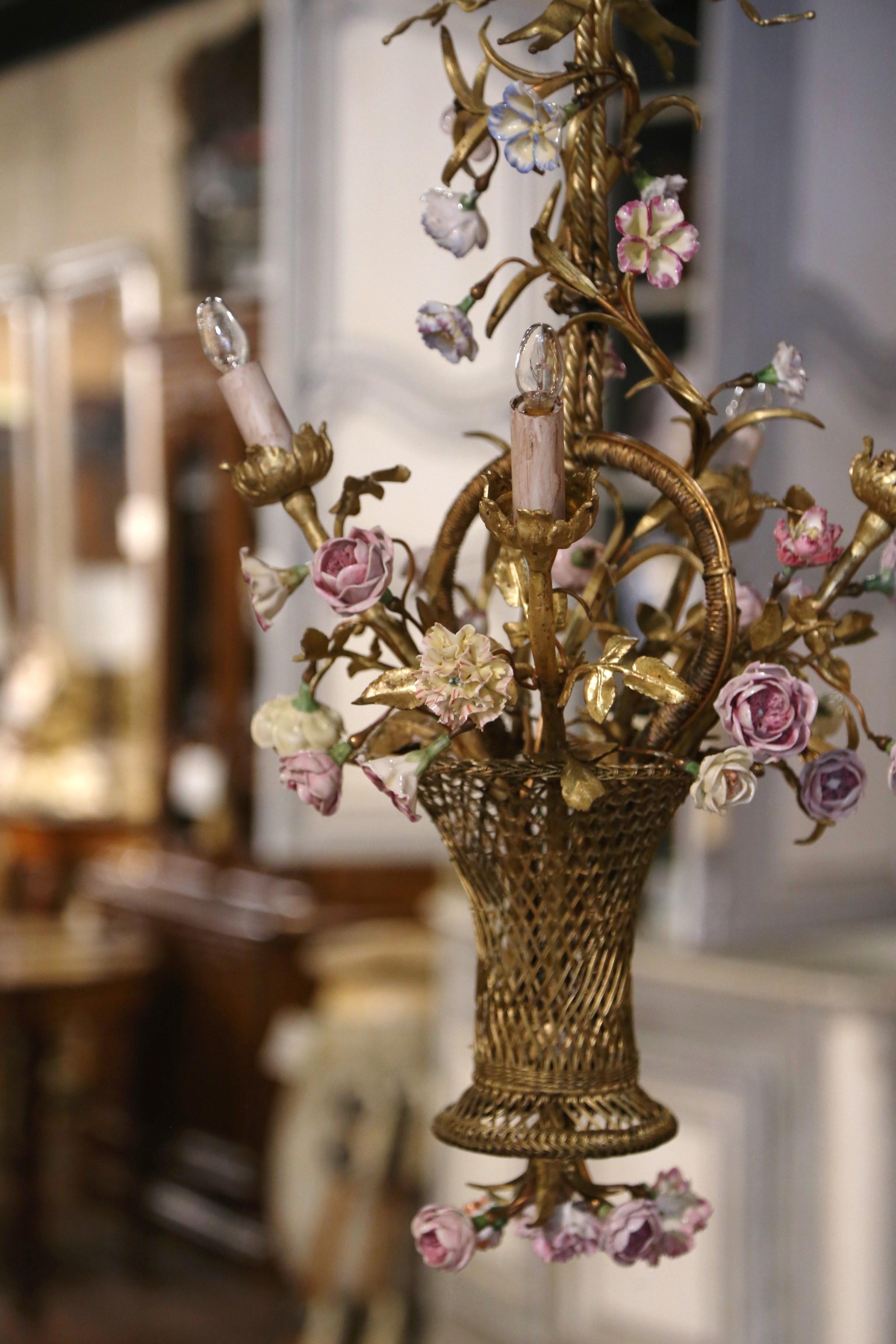 Hand-Crafted Early 20th Century French Brass & Porcelain Flowers Four-Light Basket Chandelier For Sale