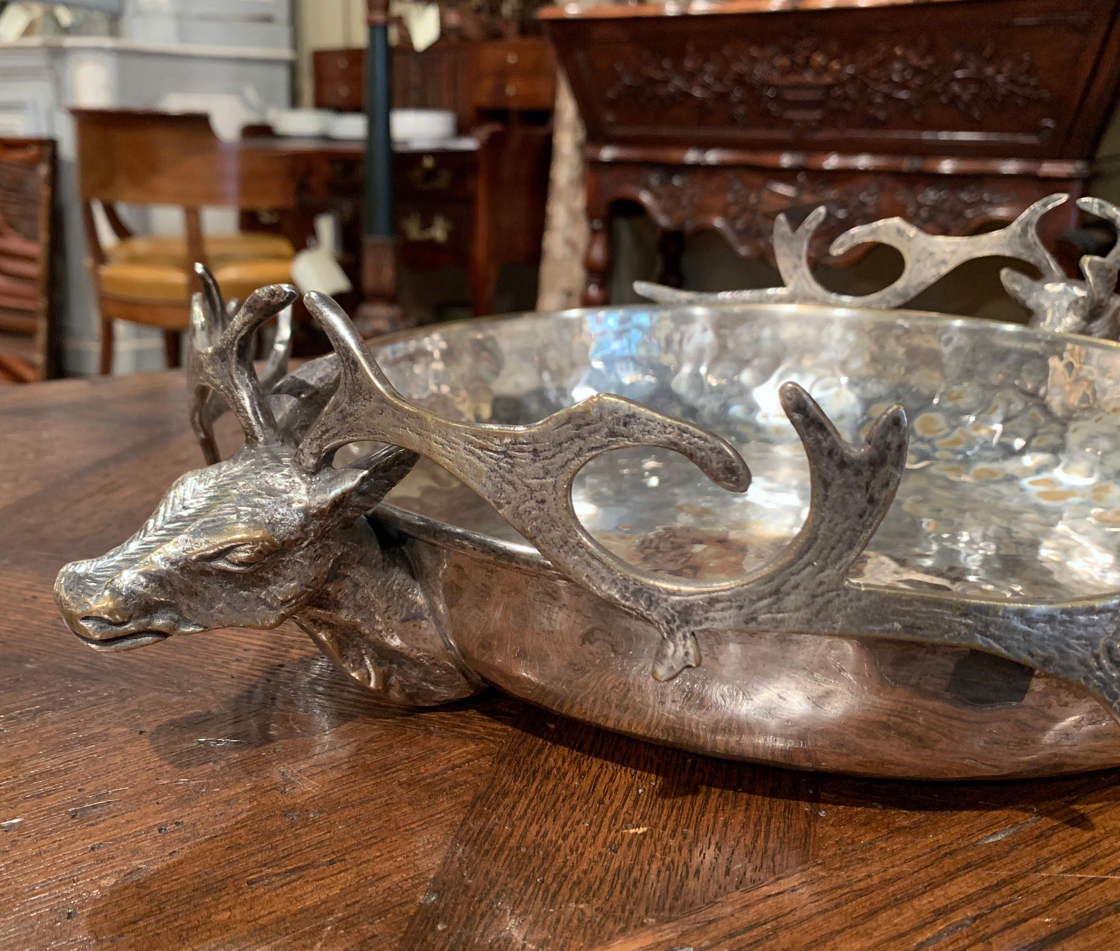 Early 20th Century French Brass Silver Plated Display Bowl with Deer Head Decor In Excellent Condition In Dallas, TX