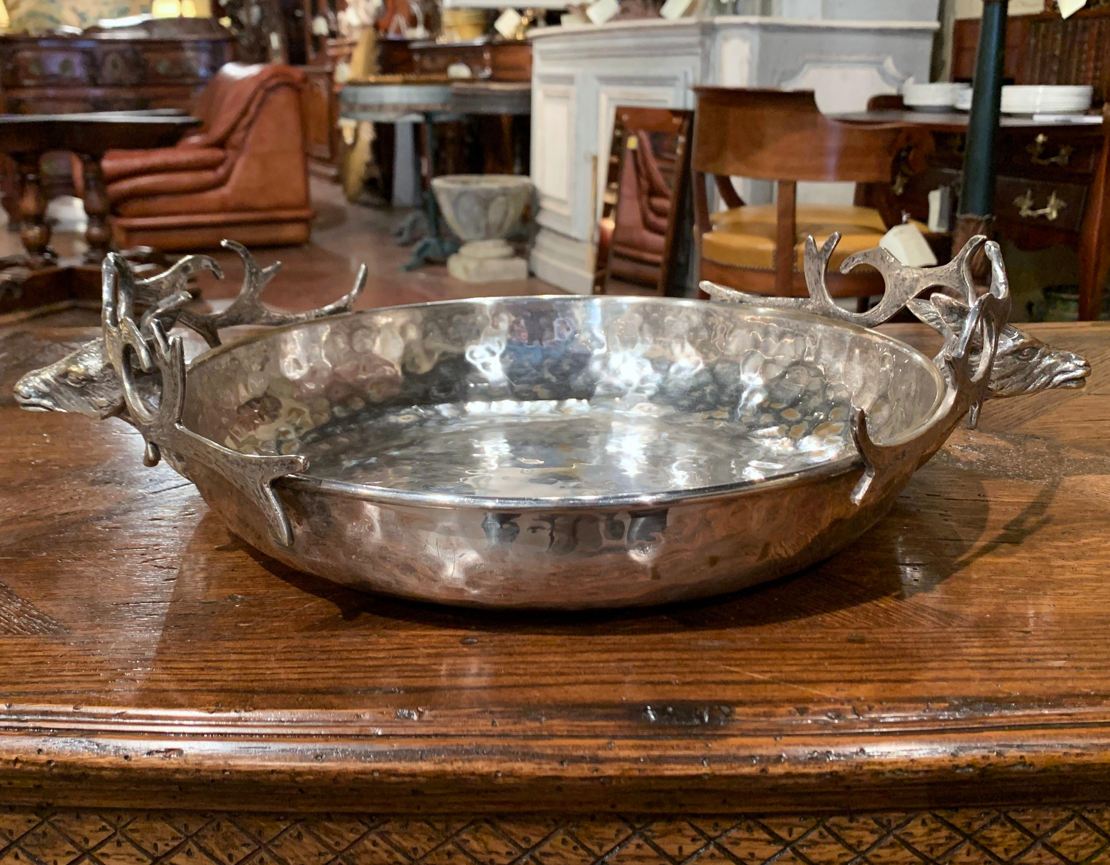 Early 20th Century French Brass Silver Plated Display Bowl with Deer Head Decor 1
