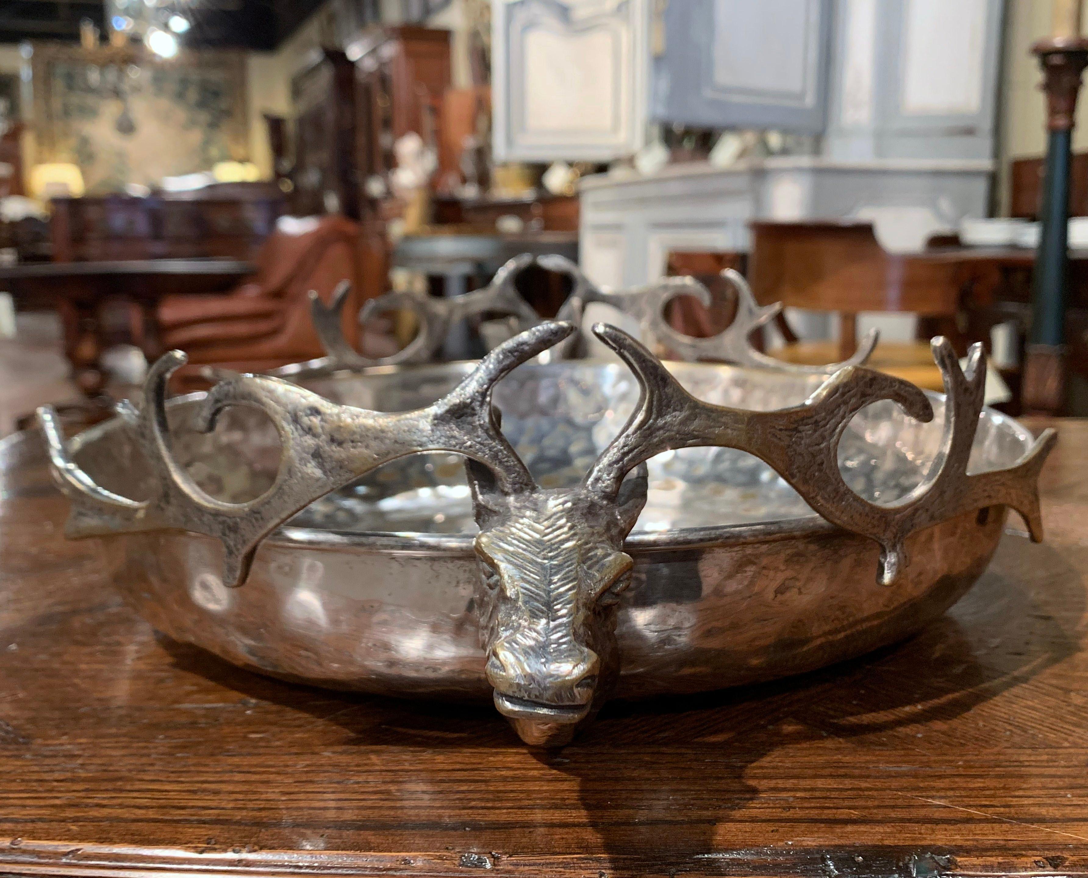 Early 20th Century French Brass Silver Plated Display Bowl with Deer Head Decor 3