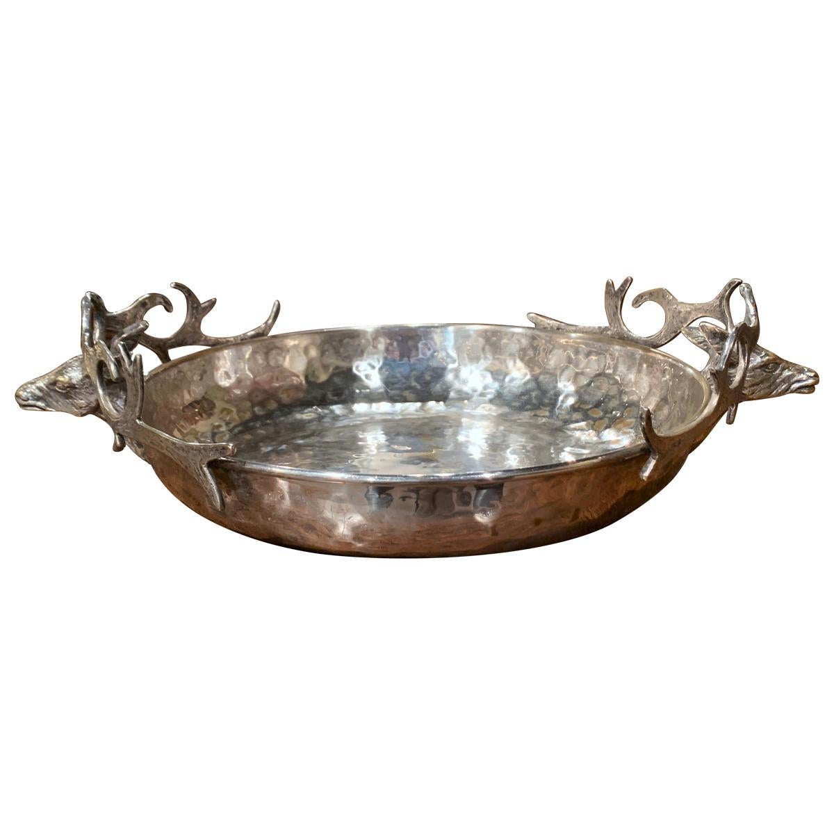 Early 20th Century French Brass Silver Plated Display Bowl with Deer Head Decor