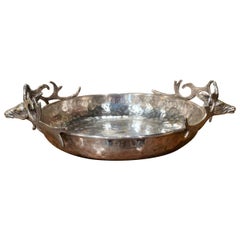 Antique Early 20th Century French Brass Silver Plated Display Bowl with Deer Head Decor