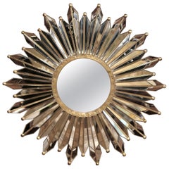 Antique Early 20th Century French Brass Sunbust Mirror with Glass Beams from Paris