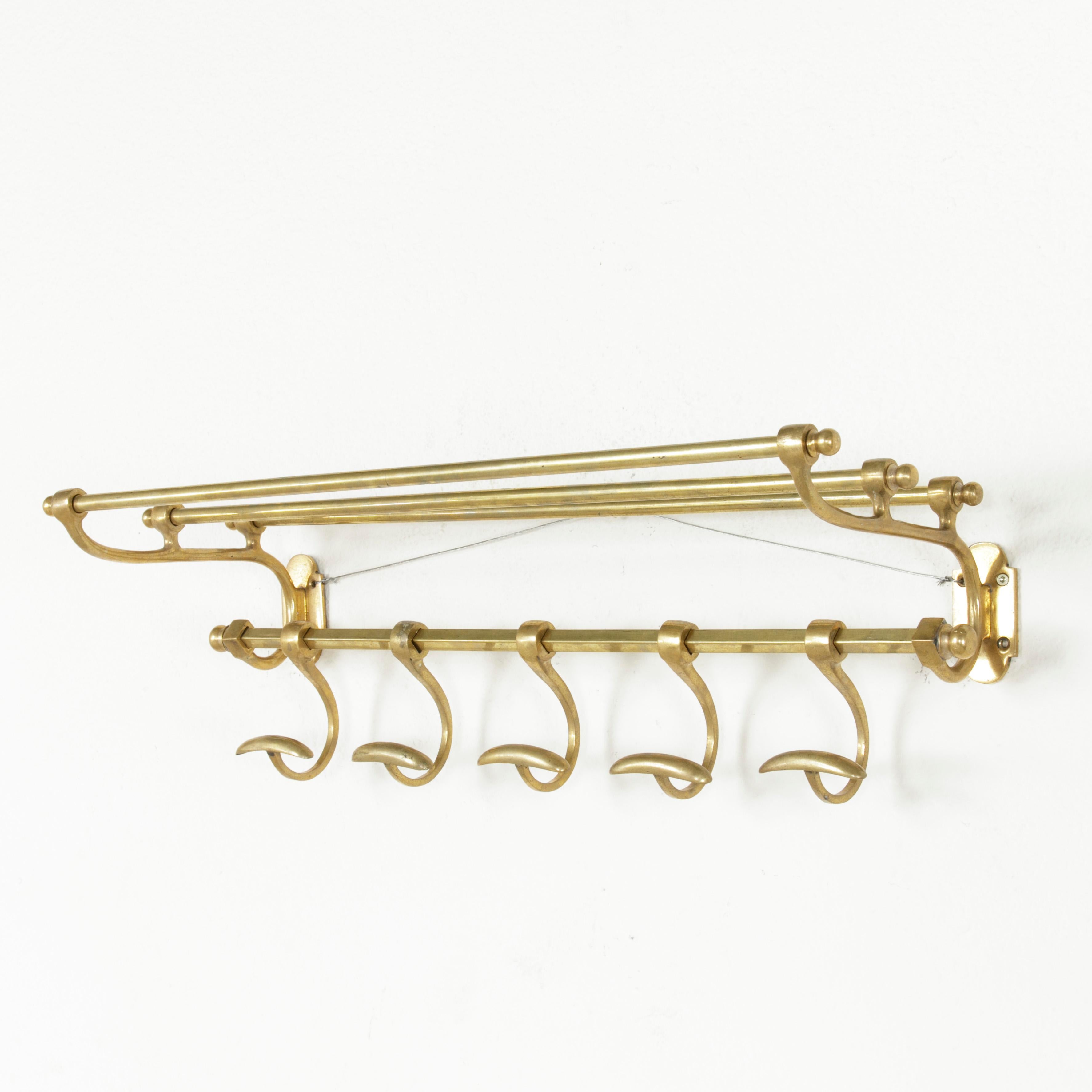Early 20th Century French Brass Train Rack with Five Sliding Hooks and Hat Rack In Good Condition In Fayetteville, AR