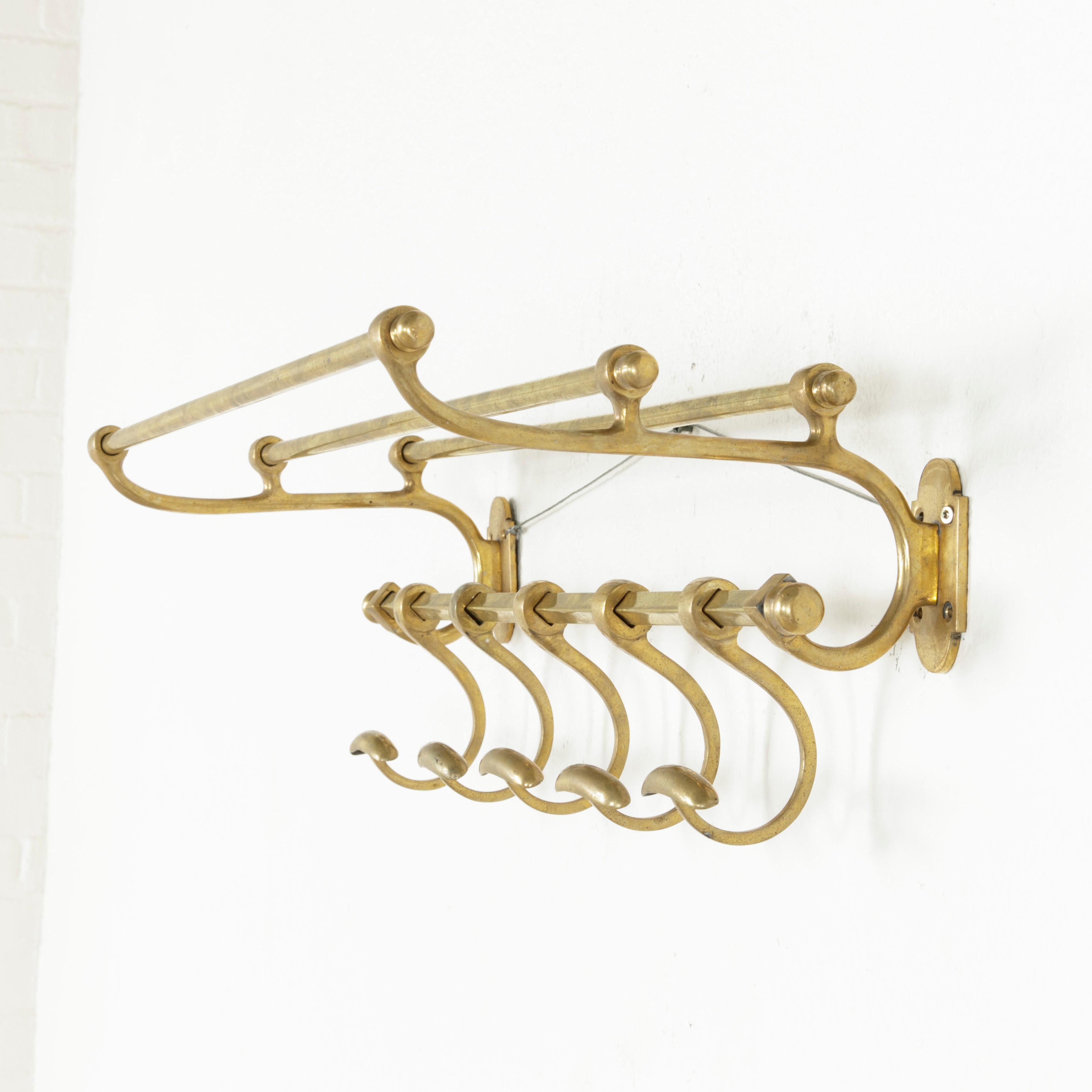 Early 20th Century French Brass Train Rack with Five Sliding Hooks and Hat Rack 1