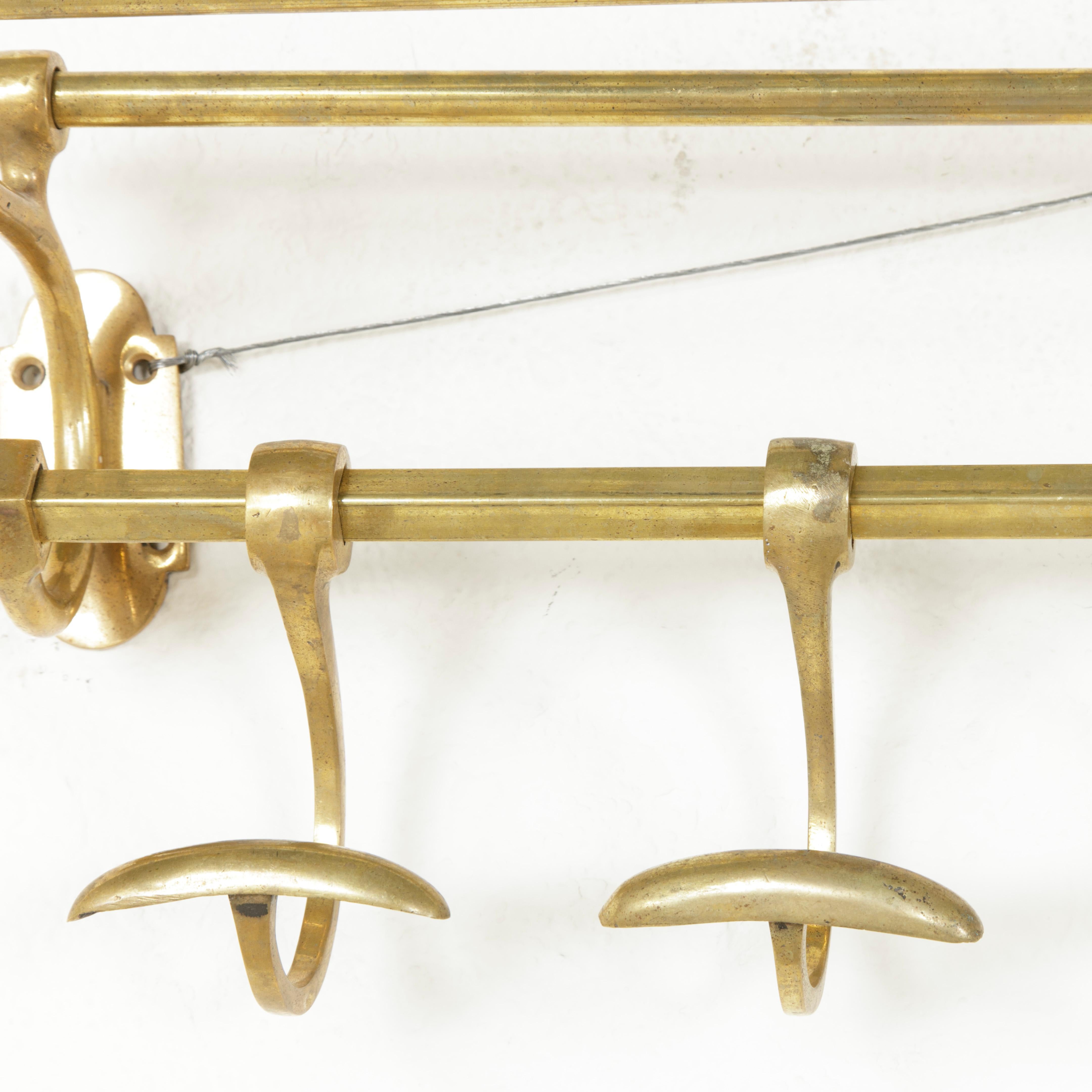 Early 20th Century French Brass Train Rack with Five Sliding Hooks and Hat Rack 2