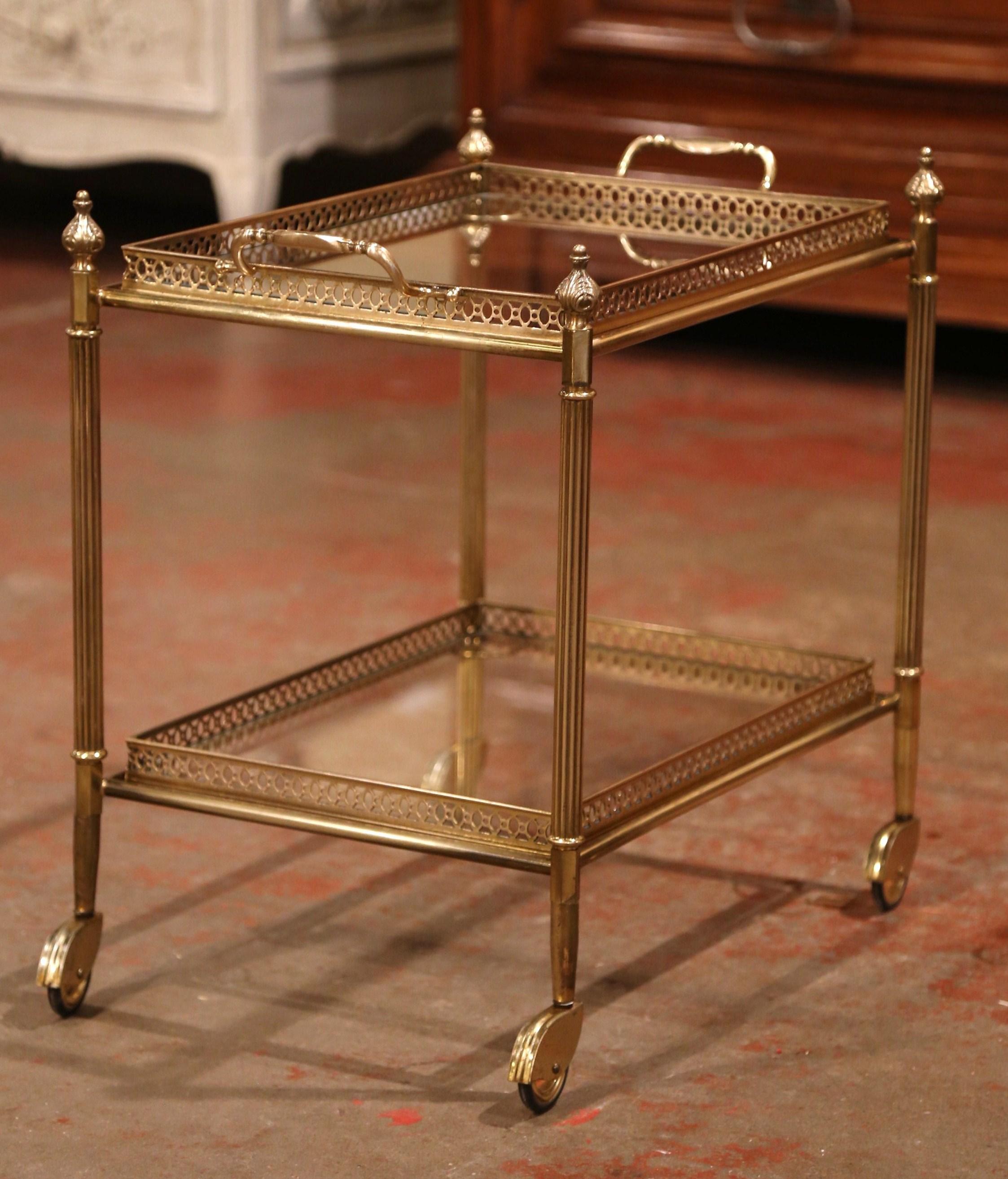 Art Deco Early 20th Century French Brass Two-Tier Desert Table or Bar Cart on Wheels