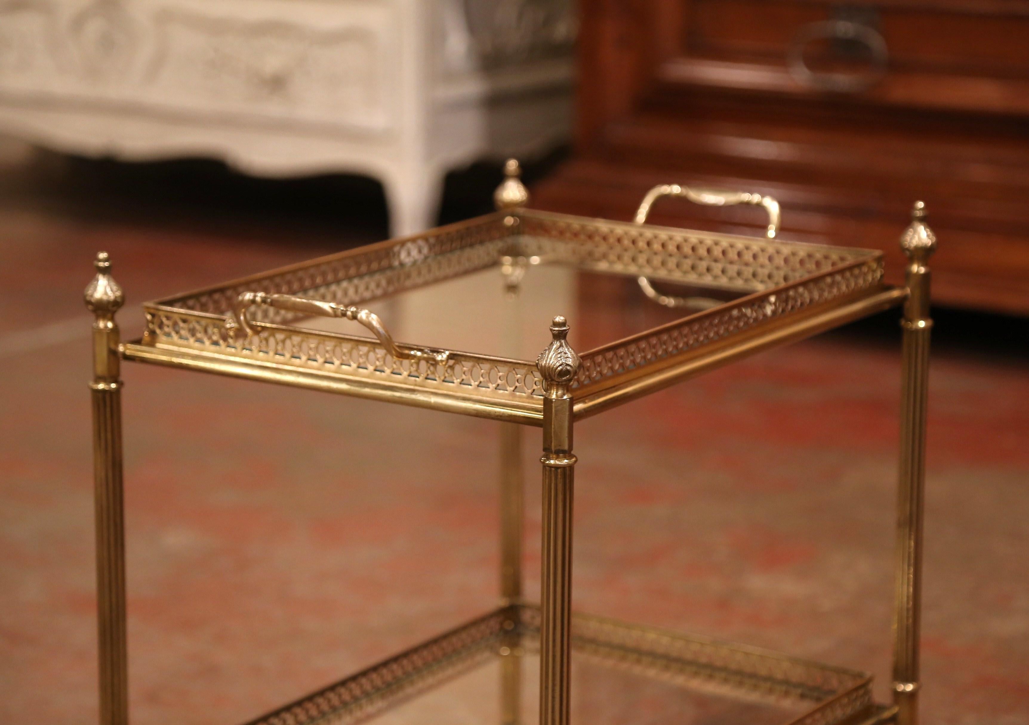 Hand-Crafted Early 20th Century French Brass Two-Tier Desert Table or Bar Cart on Wheels