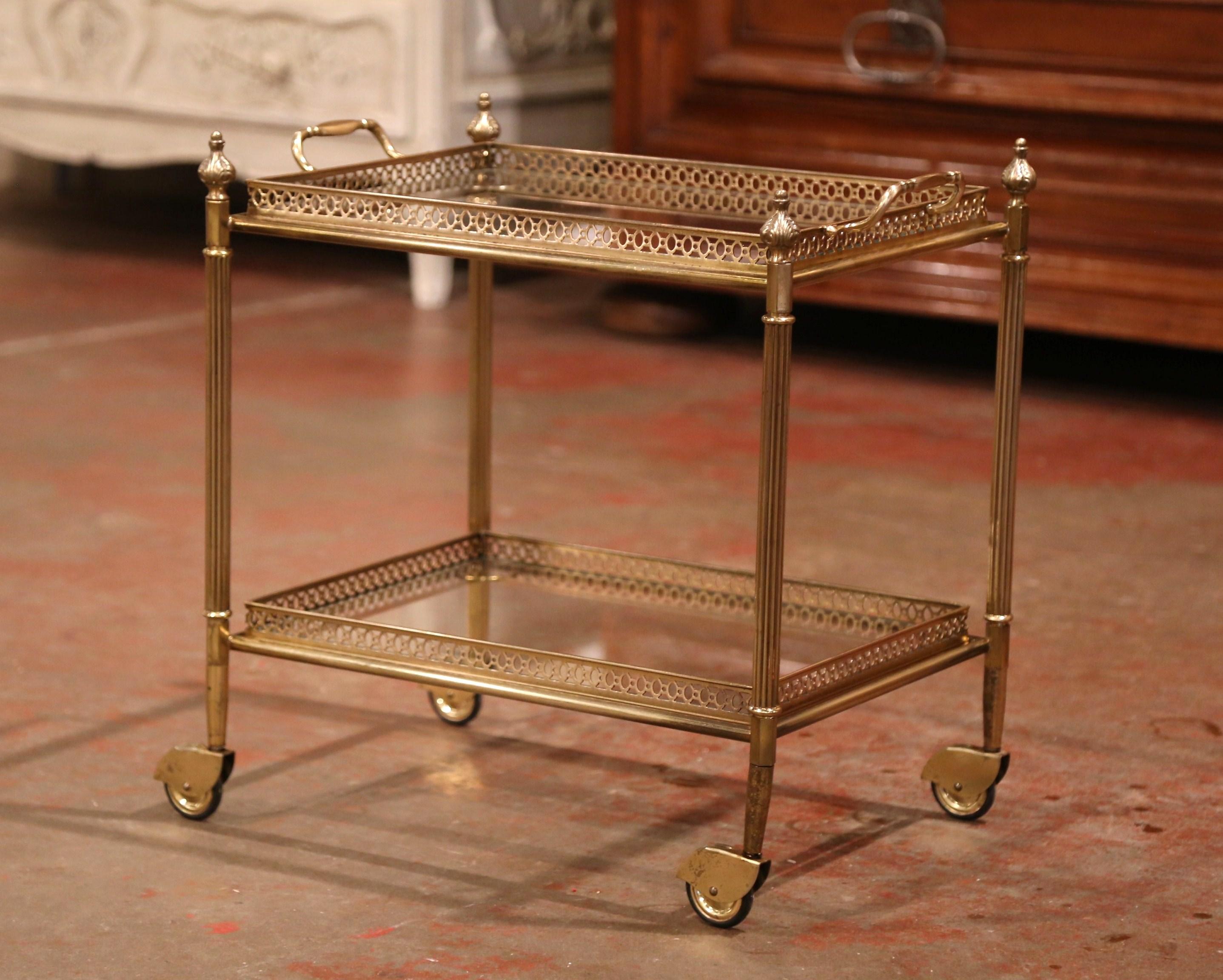 Early 20th Century French Brass Two-Tier Desert Table or Bar Cart on Wheels In Excellent Condition In Dallas, TX