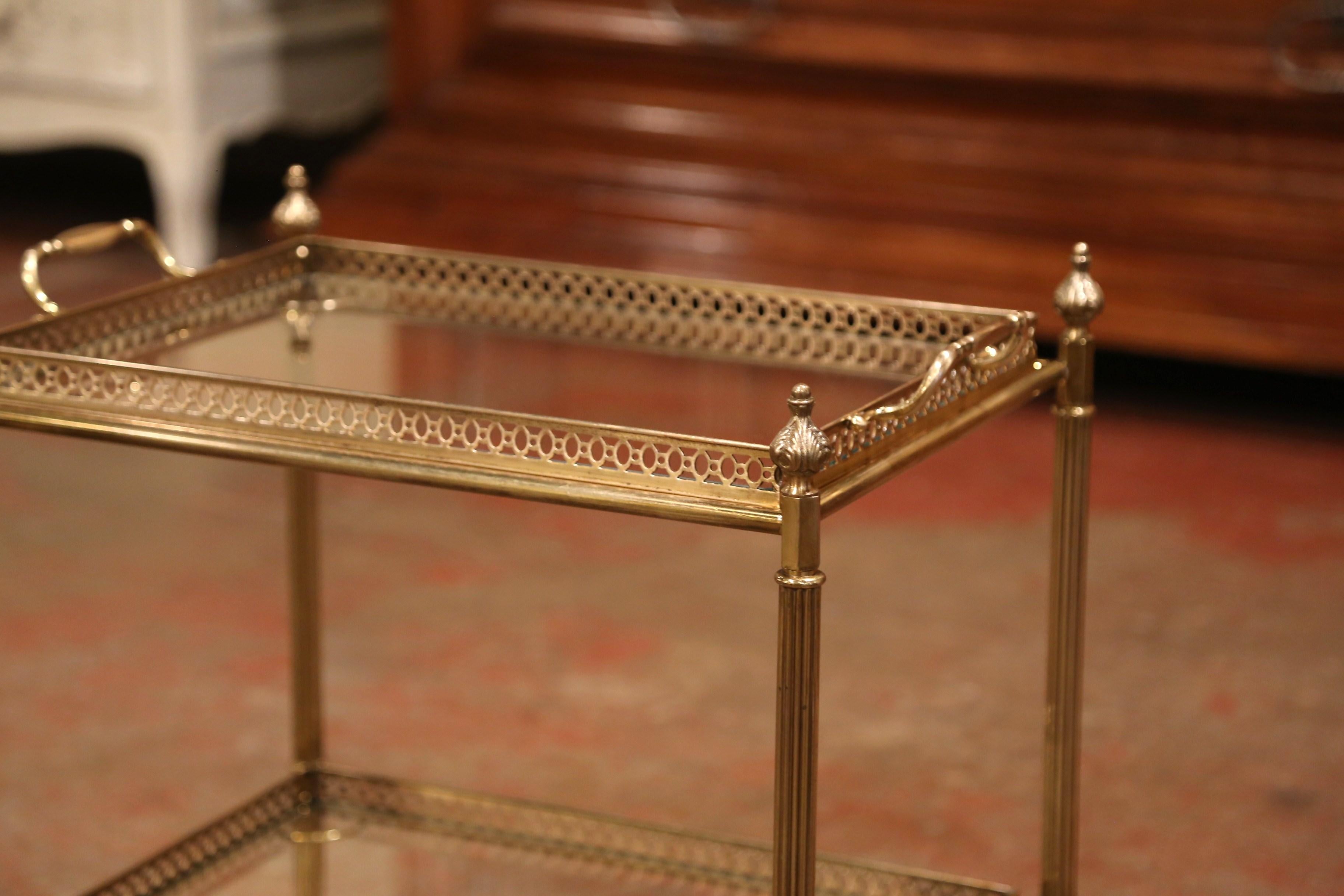 Rubber Early 20th Century French Brass Two-Tier Desert Table or Bar Cart on Wheels