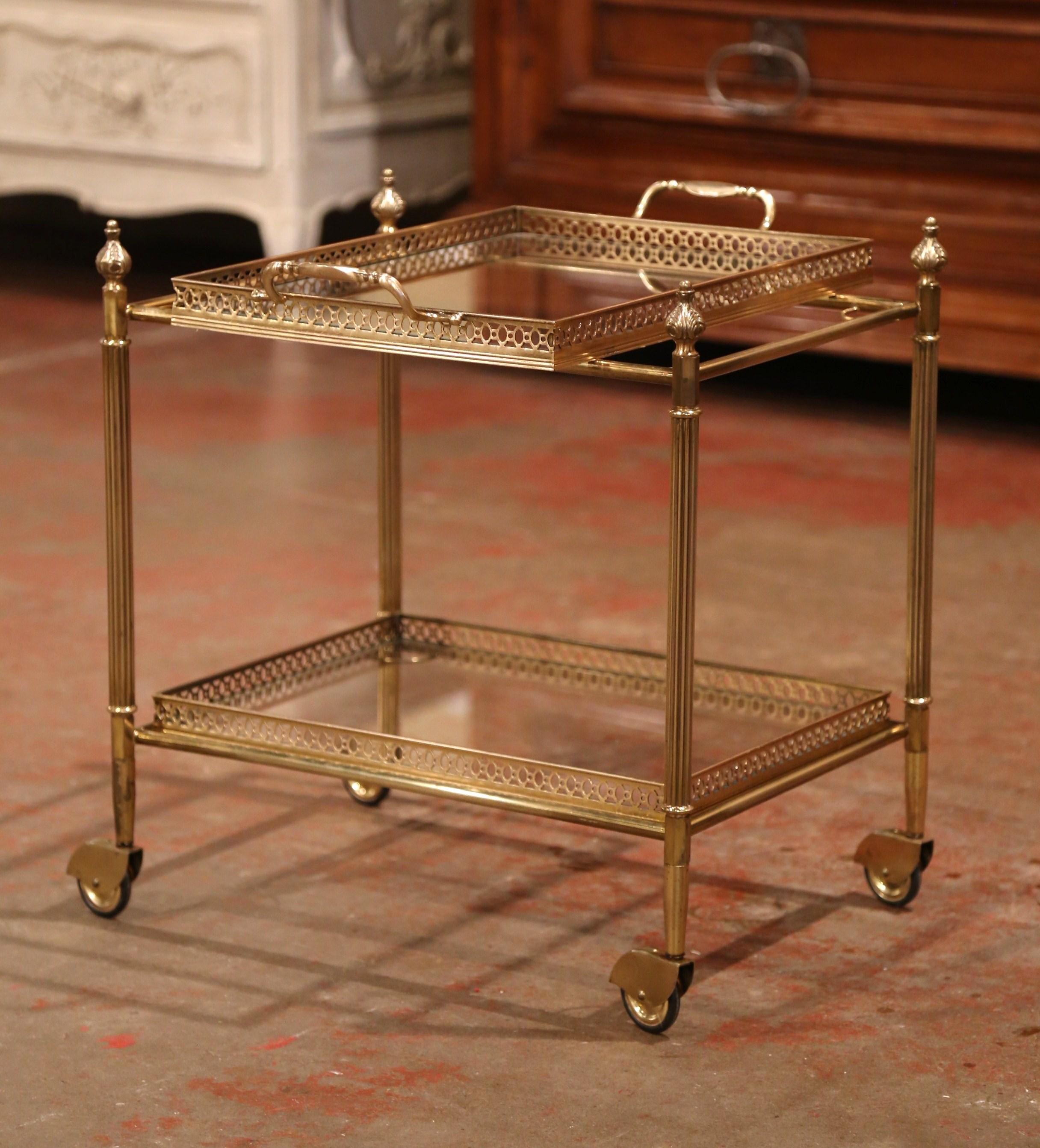 Early 20th Century French Brass Two-Tier Desert Table or Bar Cart on Wheels 1