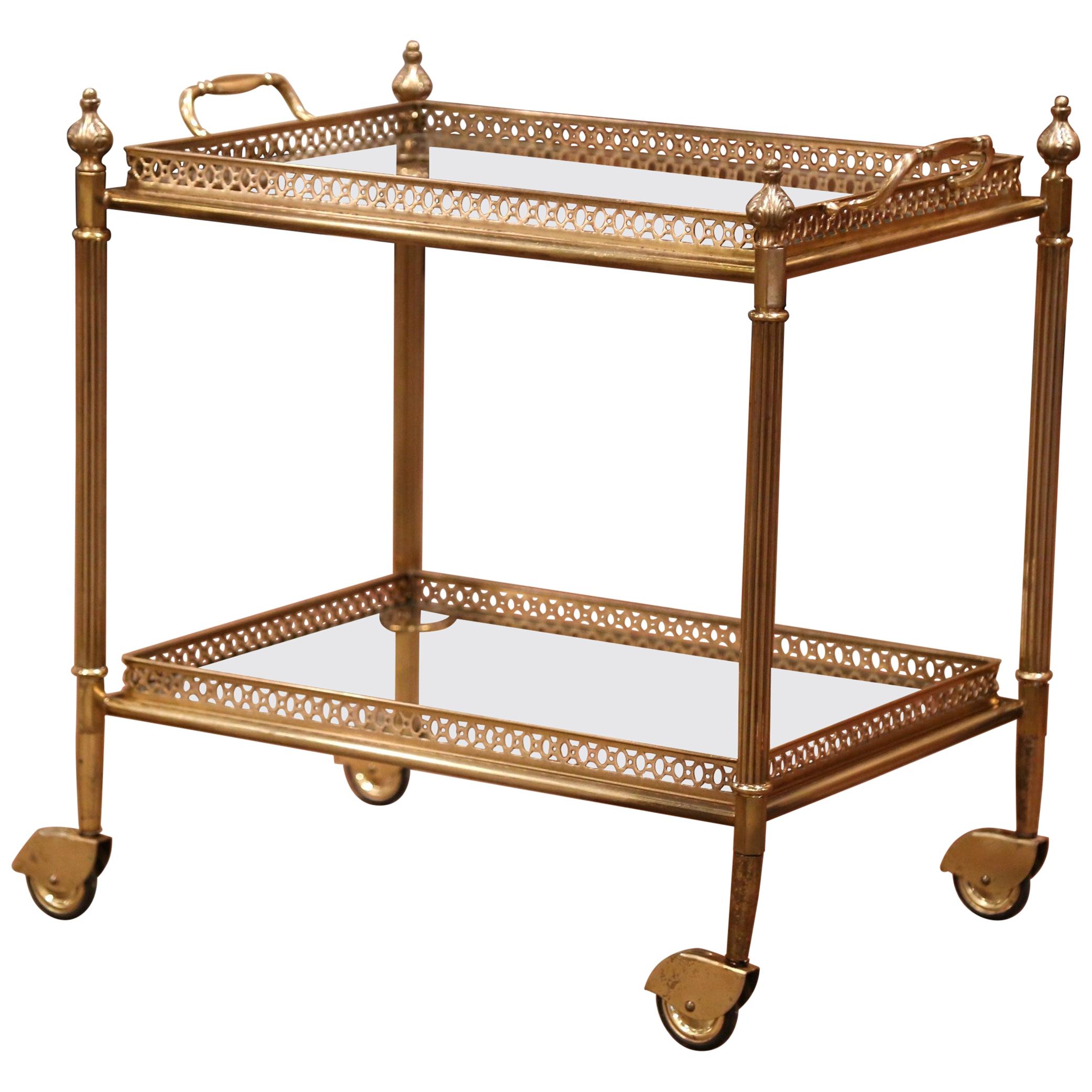 Early 20th Century French Brass Two-Tier Desert Table or Bar Cart on Wheels