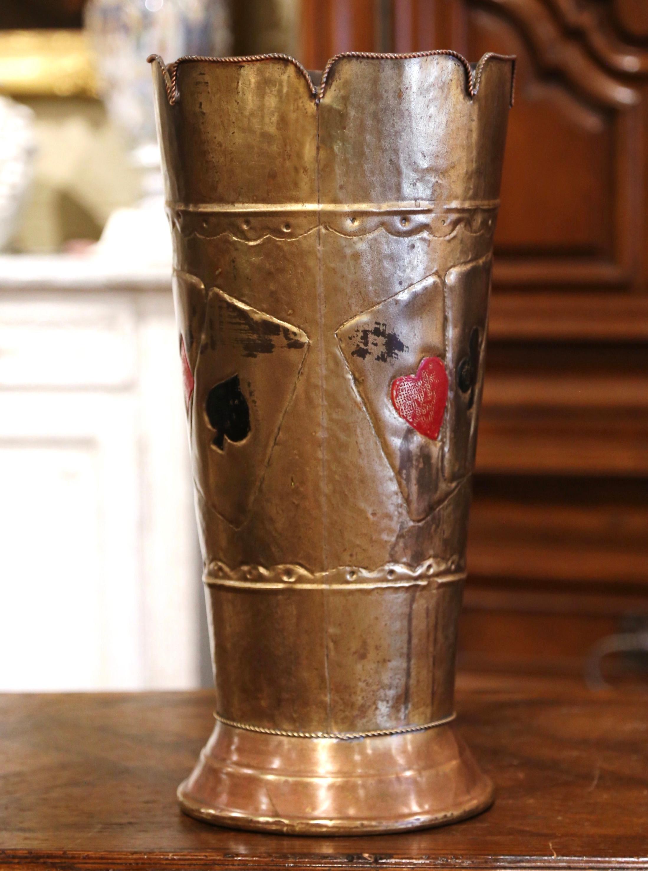 Early 20th Century French Brass Umbrella Stand with Playing Card Symbols 6
