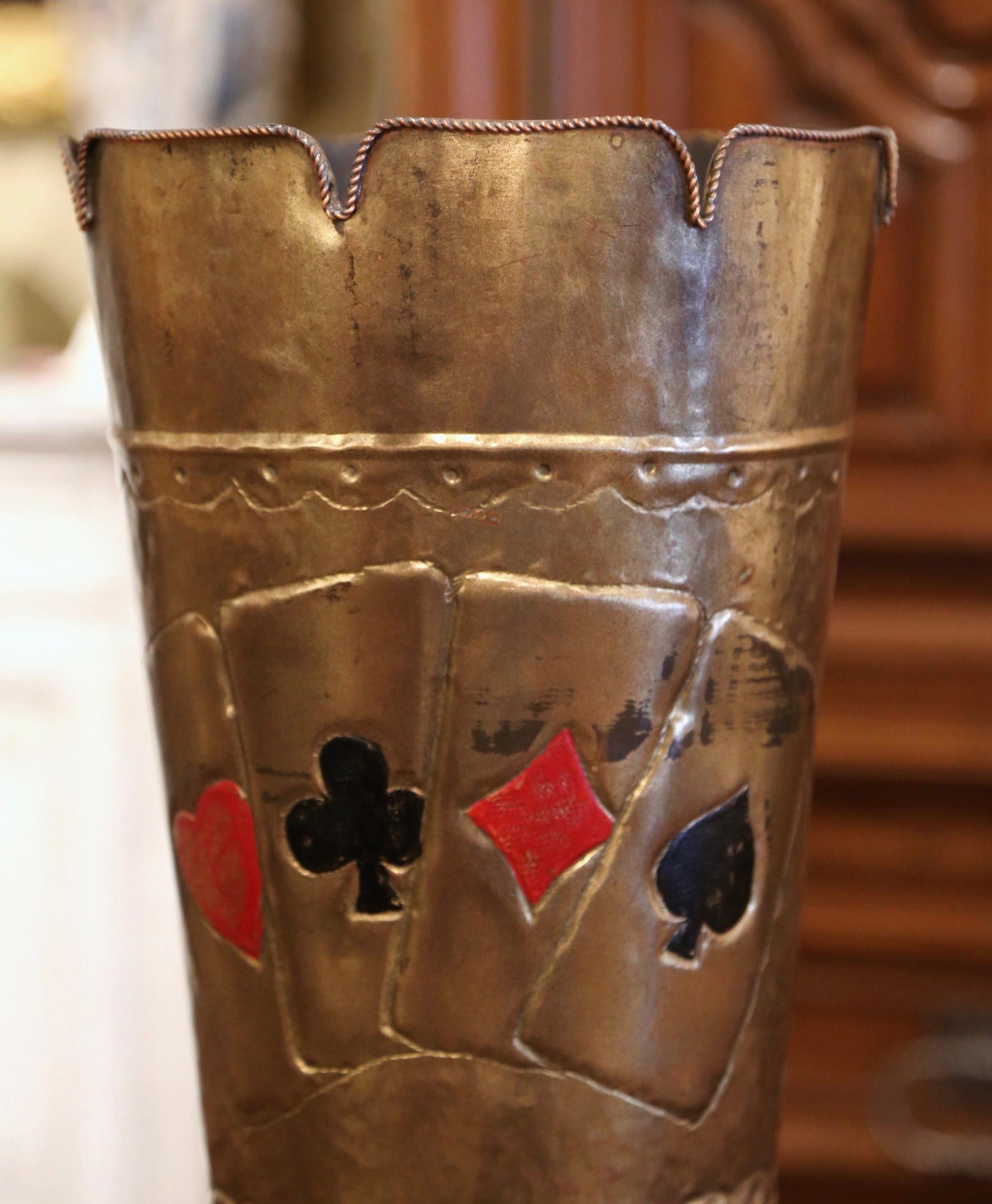 Renaissance Early 20th Century French Brass Umbrella Stand with Playing Card Symbols