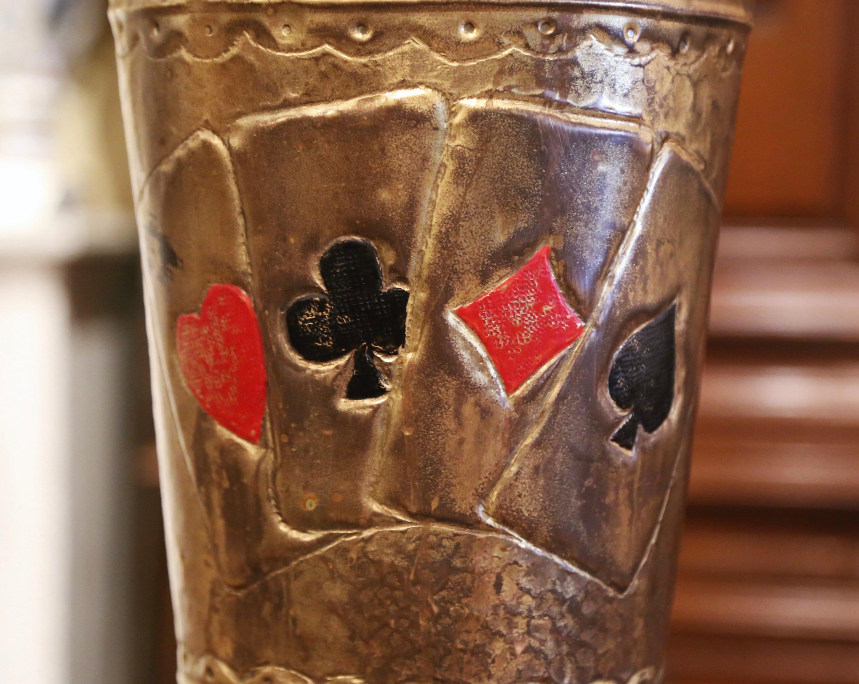 Hand-Crafted Early 20th Century French Brass Umbrella Stand with Playing Card Symbols