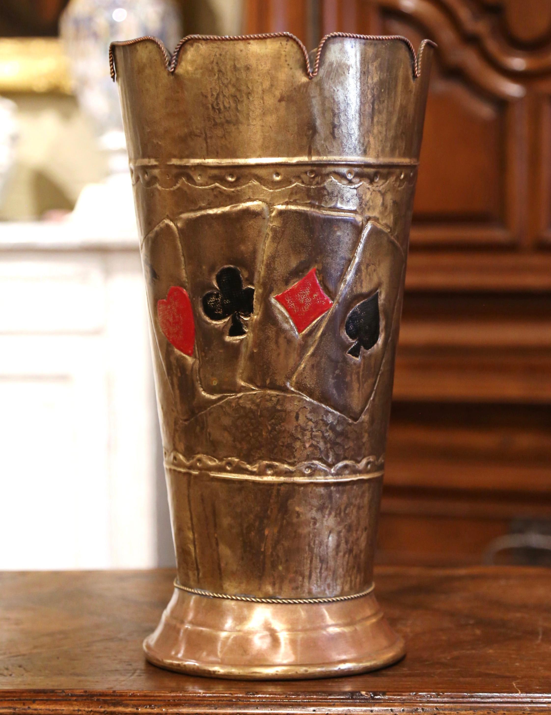 Early 20th Century French Brass Umbrella Stand with Playing Card Symbols In Good Condition In Dallas, TX