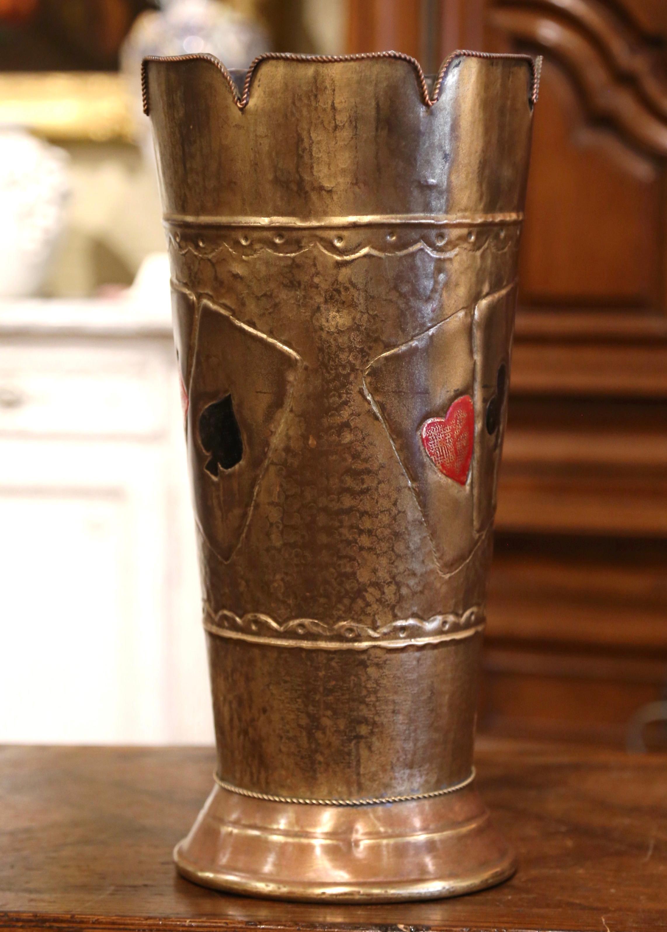 Early 20th Century French Brass Umbrella Stand with Playing Card Symbols 1