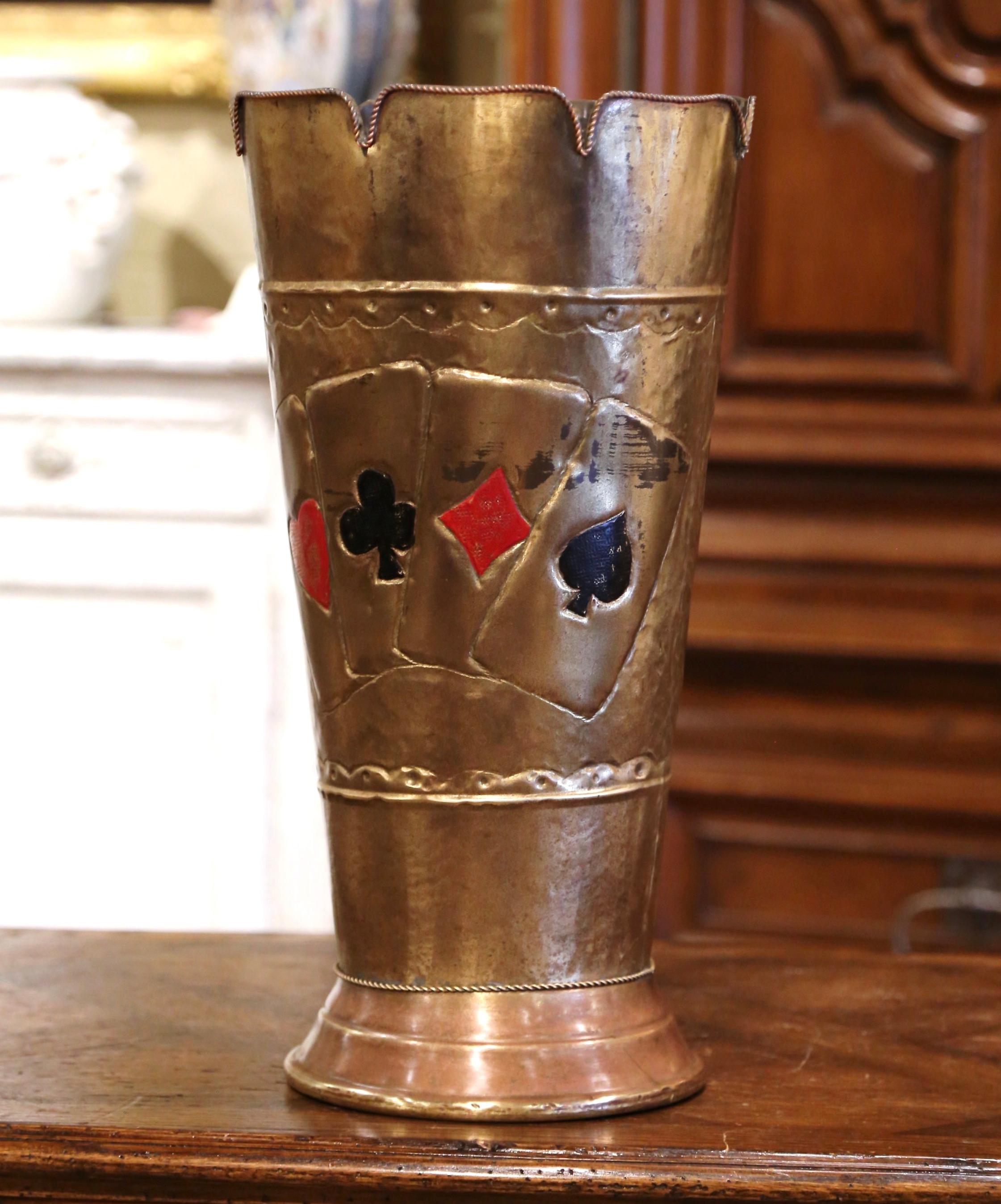 Early 20th Century French Brass Umbrella Stand with Playing Card Symbols 2