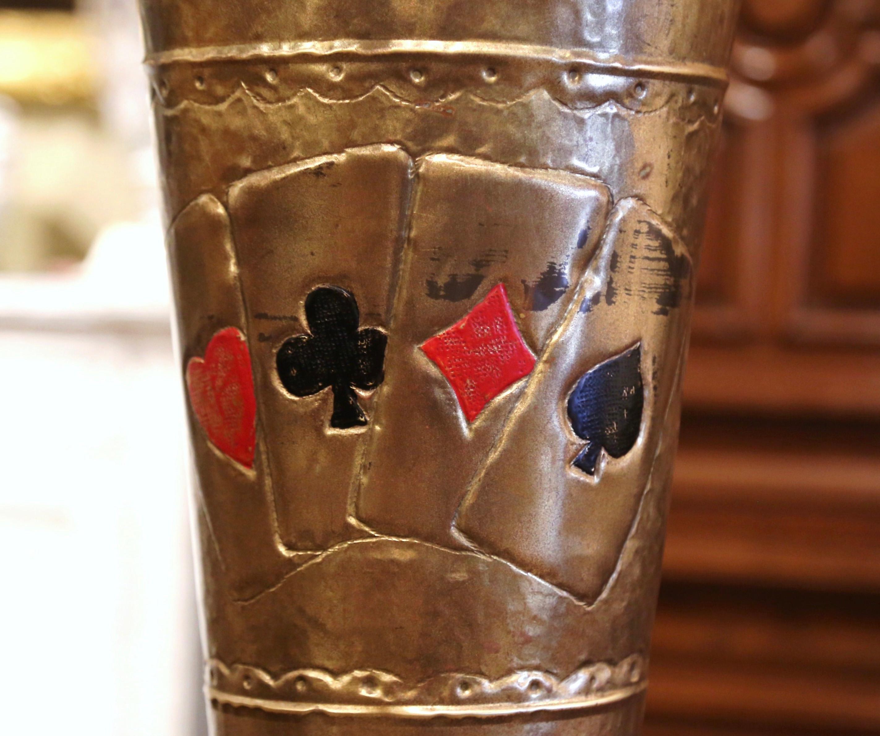 Early 20th Century French Brass Umbrella Stand with Playing Card Symbols 4