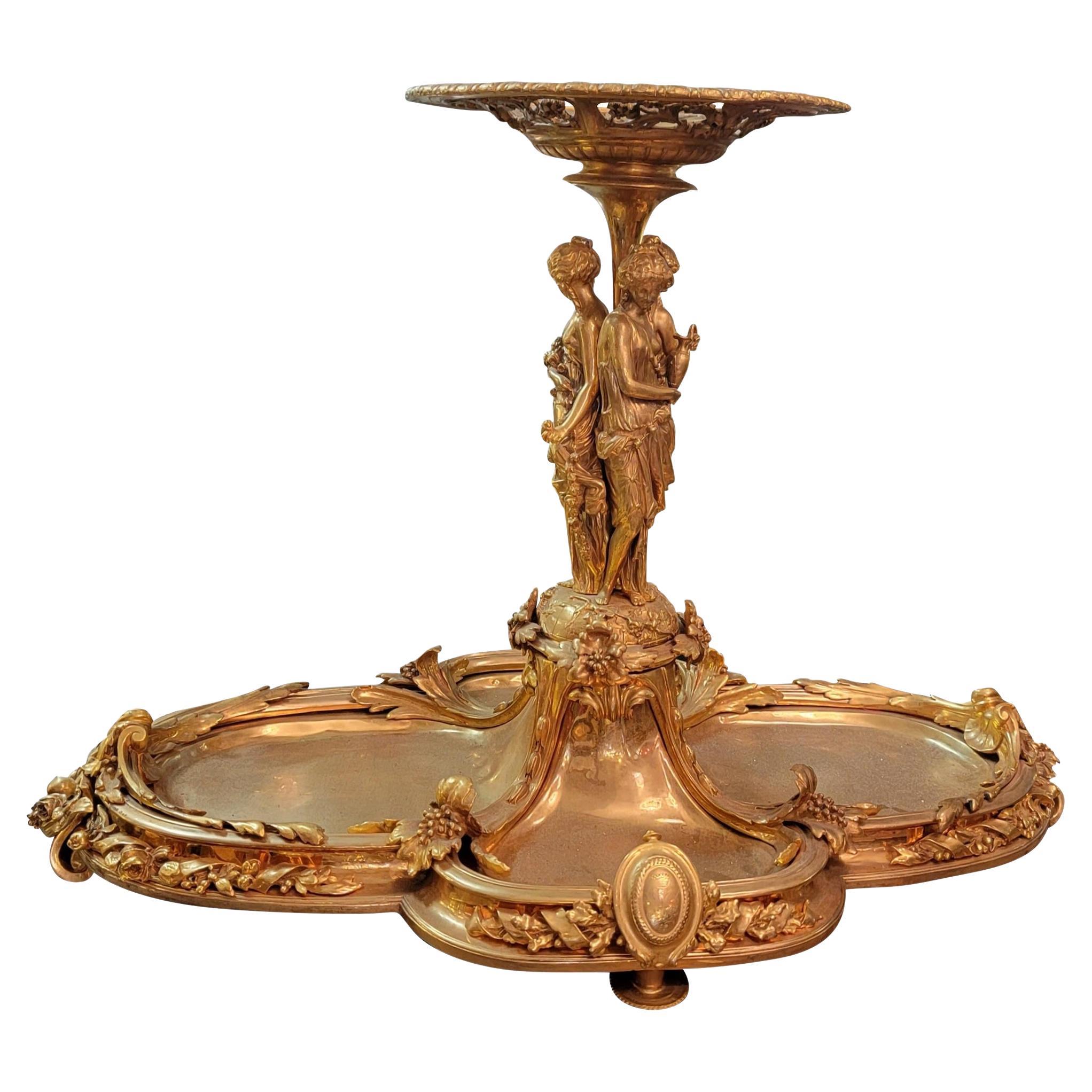 Early 20th Century French Bronze and 24k Gold Plate Gold Large Centerpiece For Sale