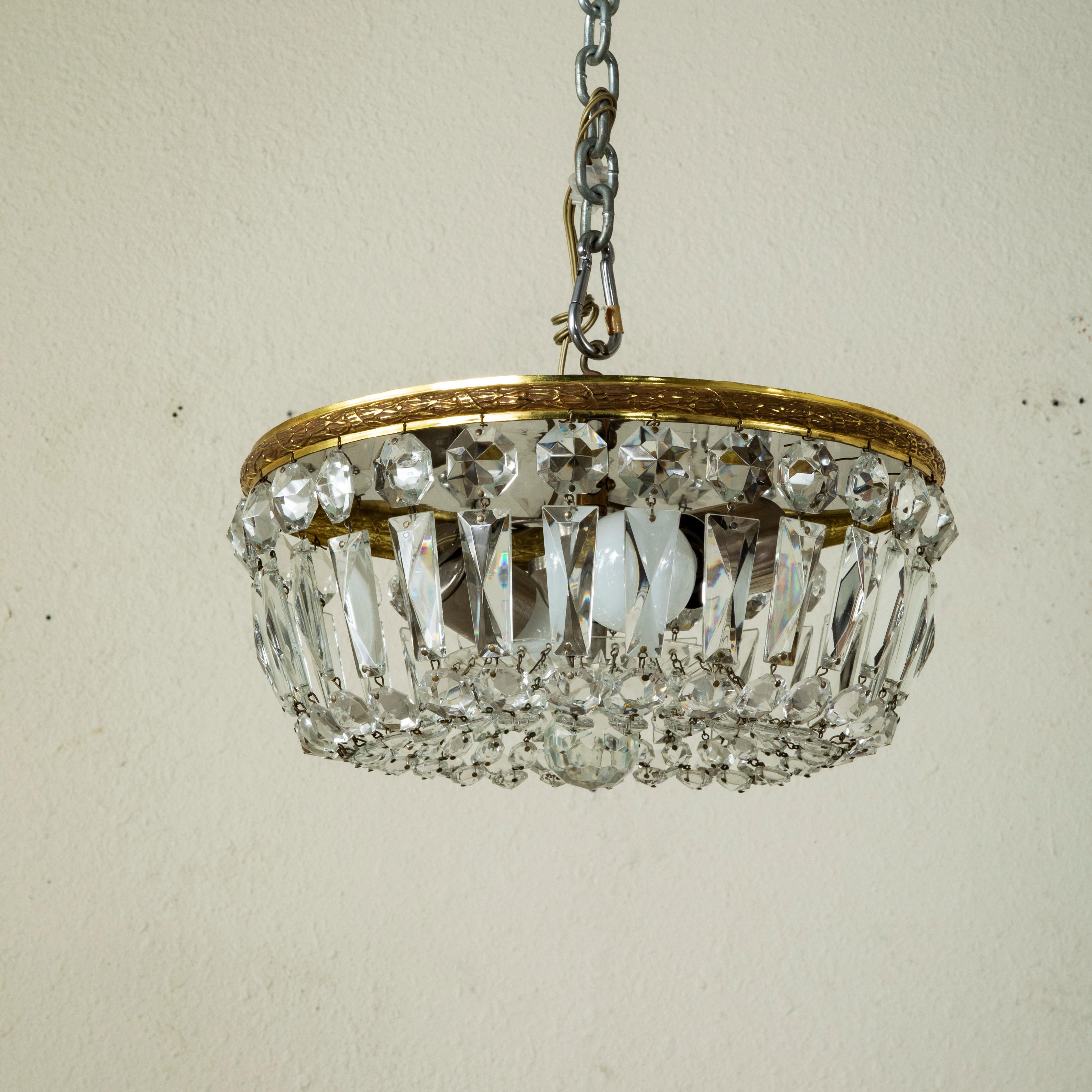 Early 20th Century French Bronze and Crystal Flush Mount, Chandelier, Pendant In Good Condition In Fayetteville, AR