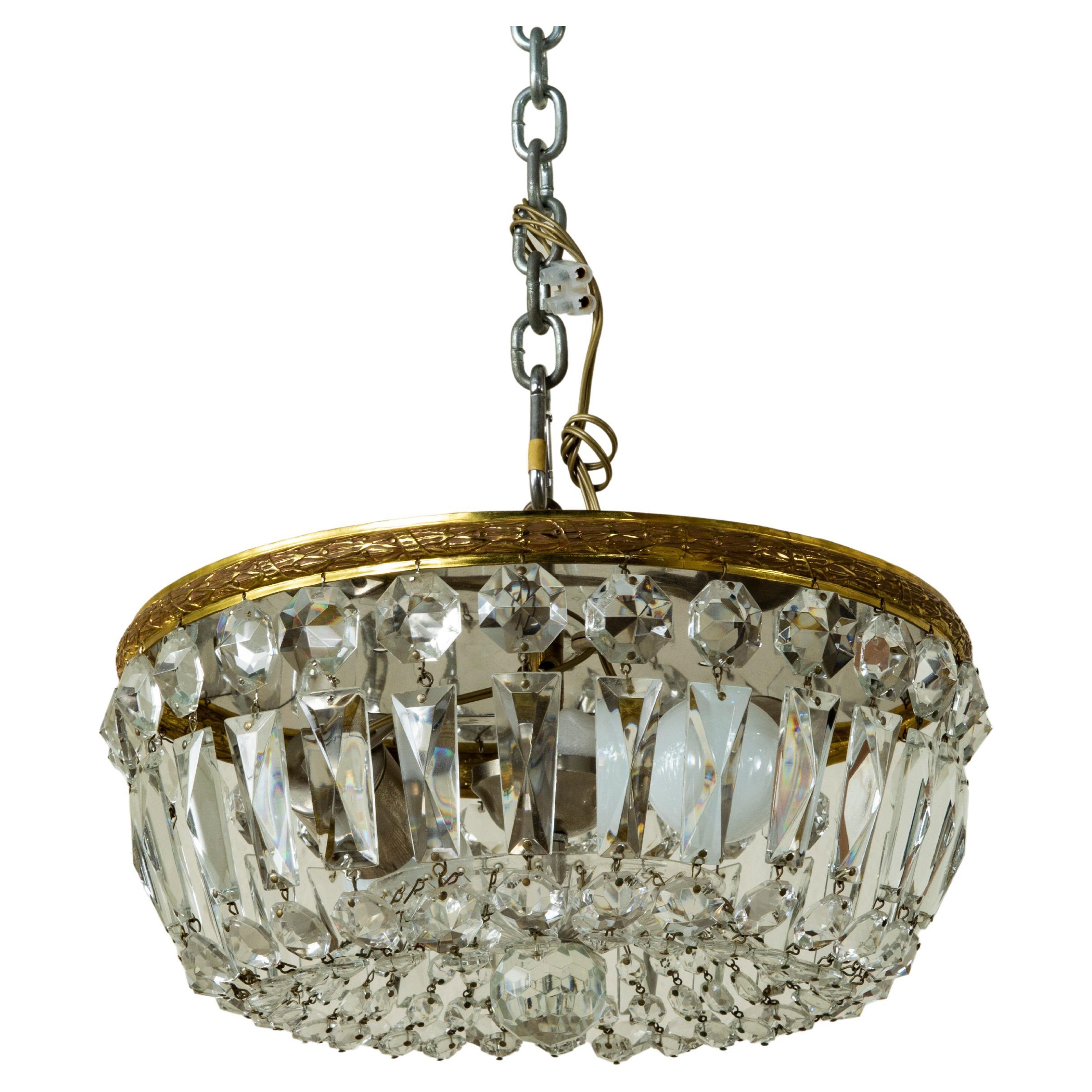 Early 20th Century French Bronze and Crystal Flush Mount, Chandelier, Pendant