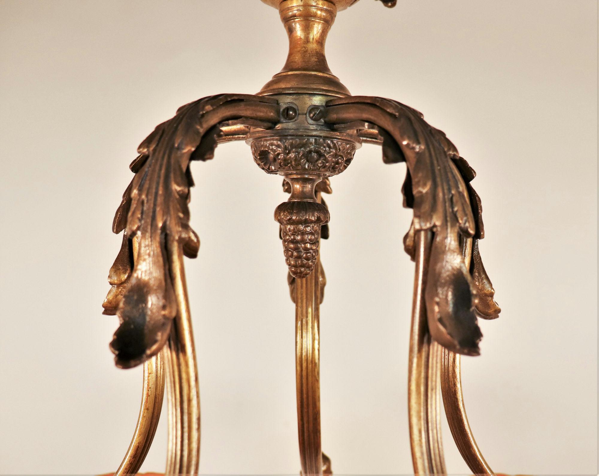 Early 20th Century French Bronze and Orange Amber Alabaster Chandelier For Sale 9