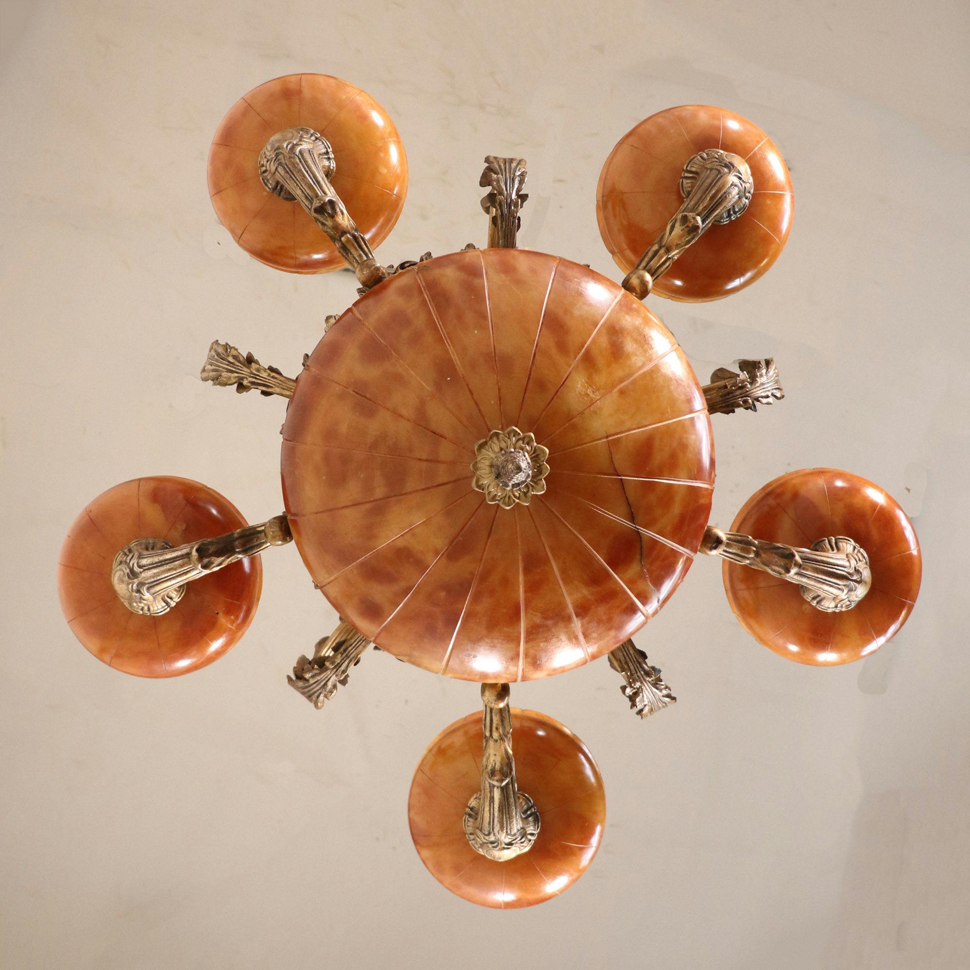 Early 20th Century French Bronze and Orange Amber Alabaster Chandelier For Sale 13