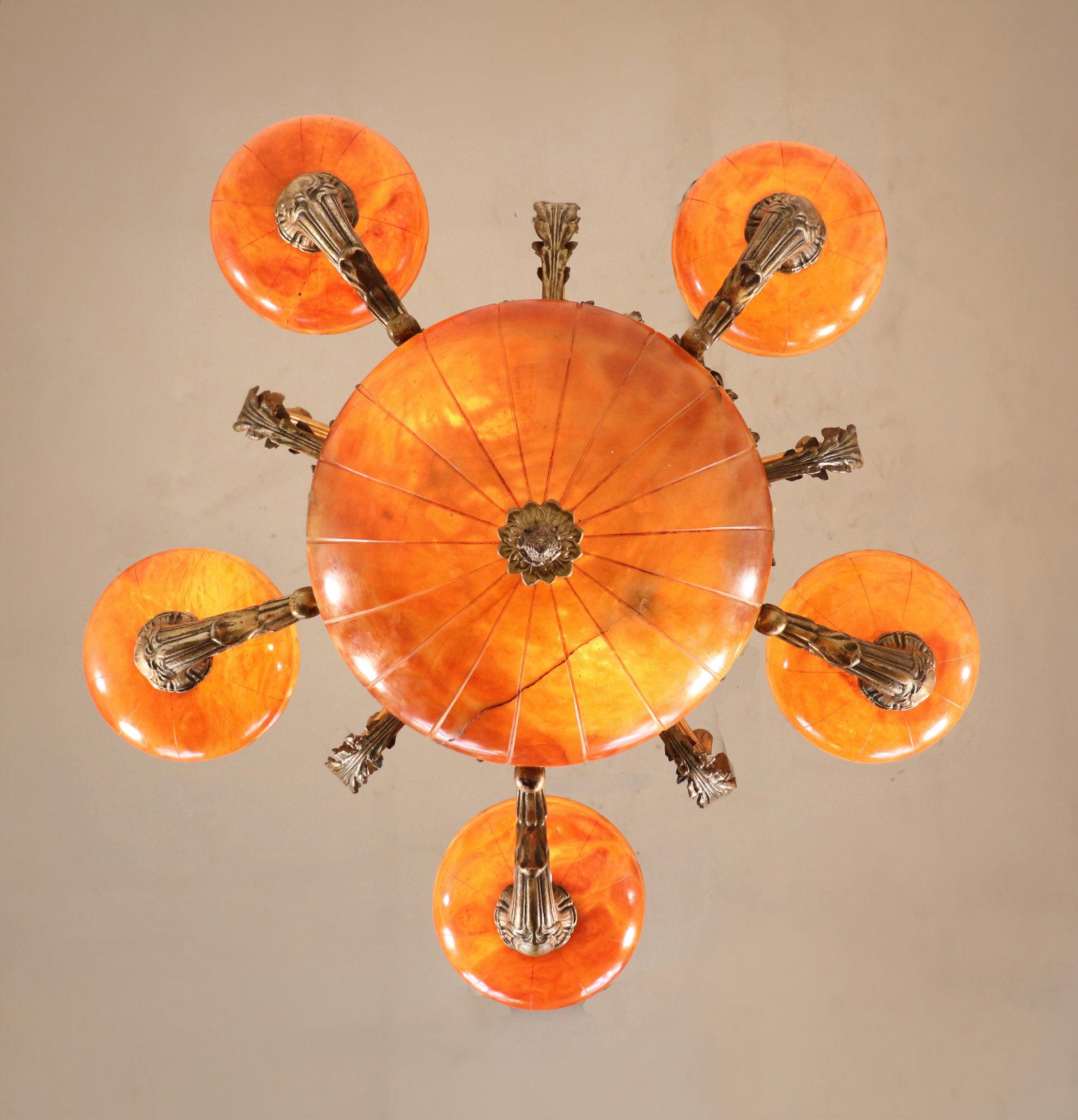 Early 20th Century French Bronze and Orange Amber Alabaster Chandelier For Sale 14