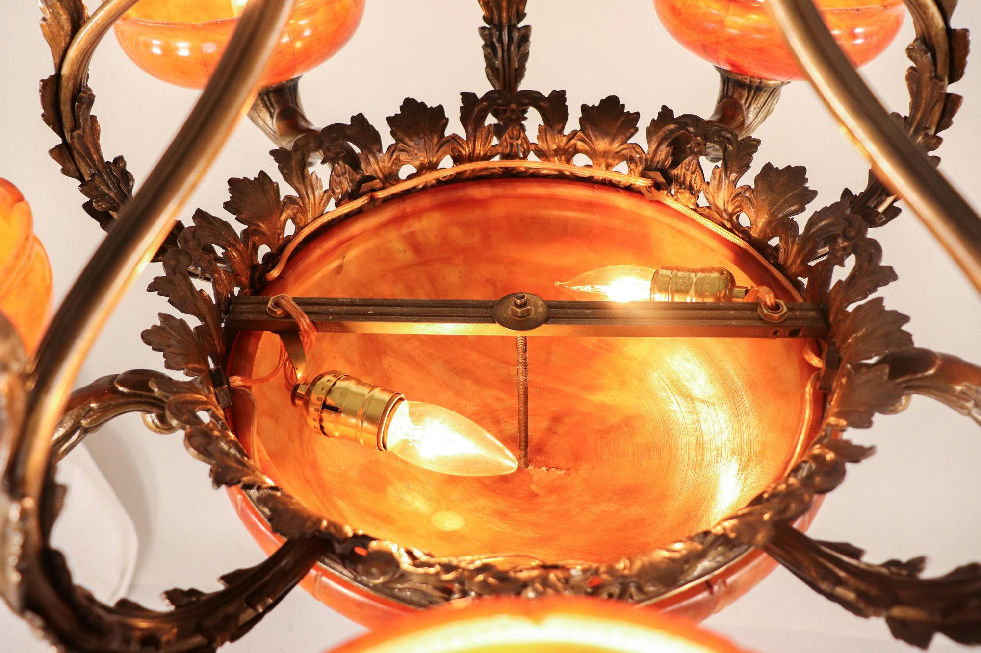 Early 20th Century French Bronze and Orange Amber Alabaster Chandelier In Good Condition For Sale In Chicago, IL