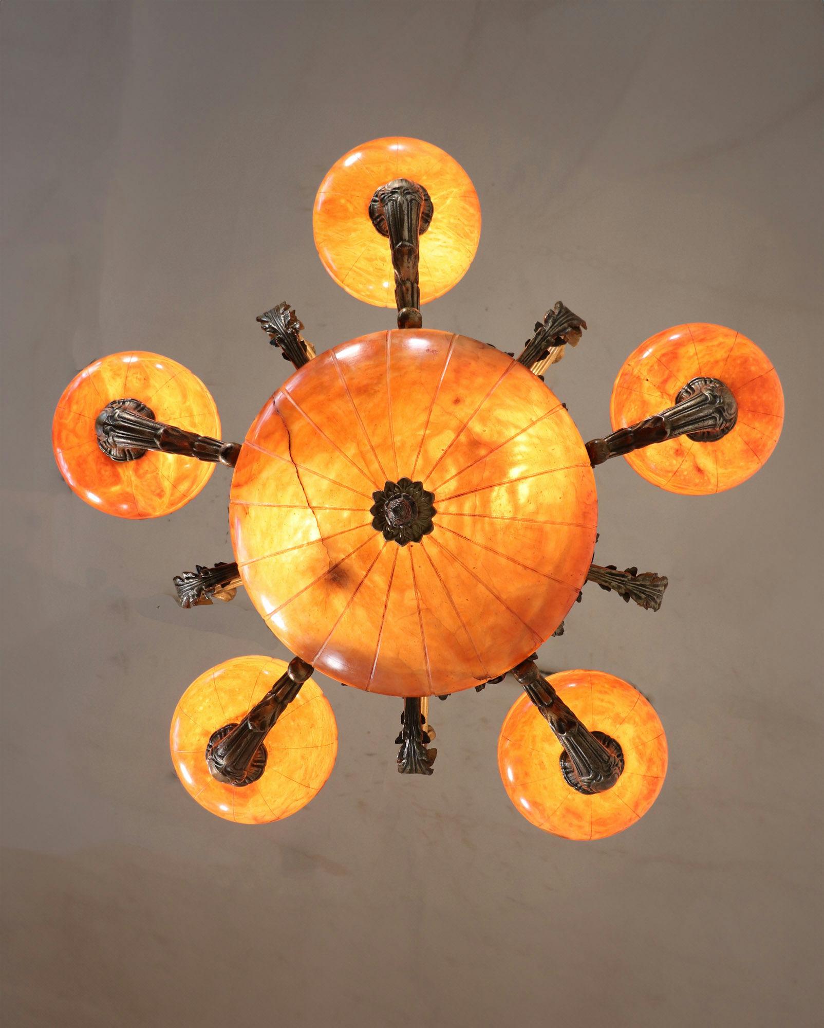 Brass Early 20th Century French Bronze and Orange Amber Alabaster Chandelier For Sale