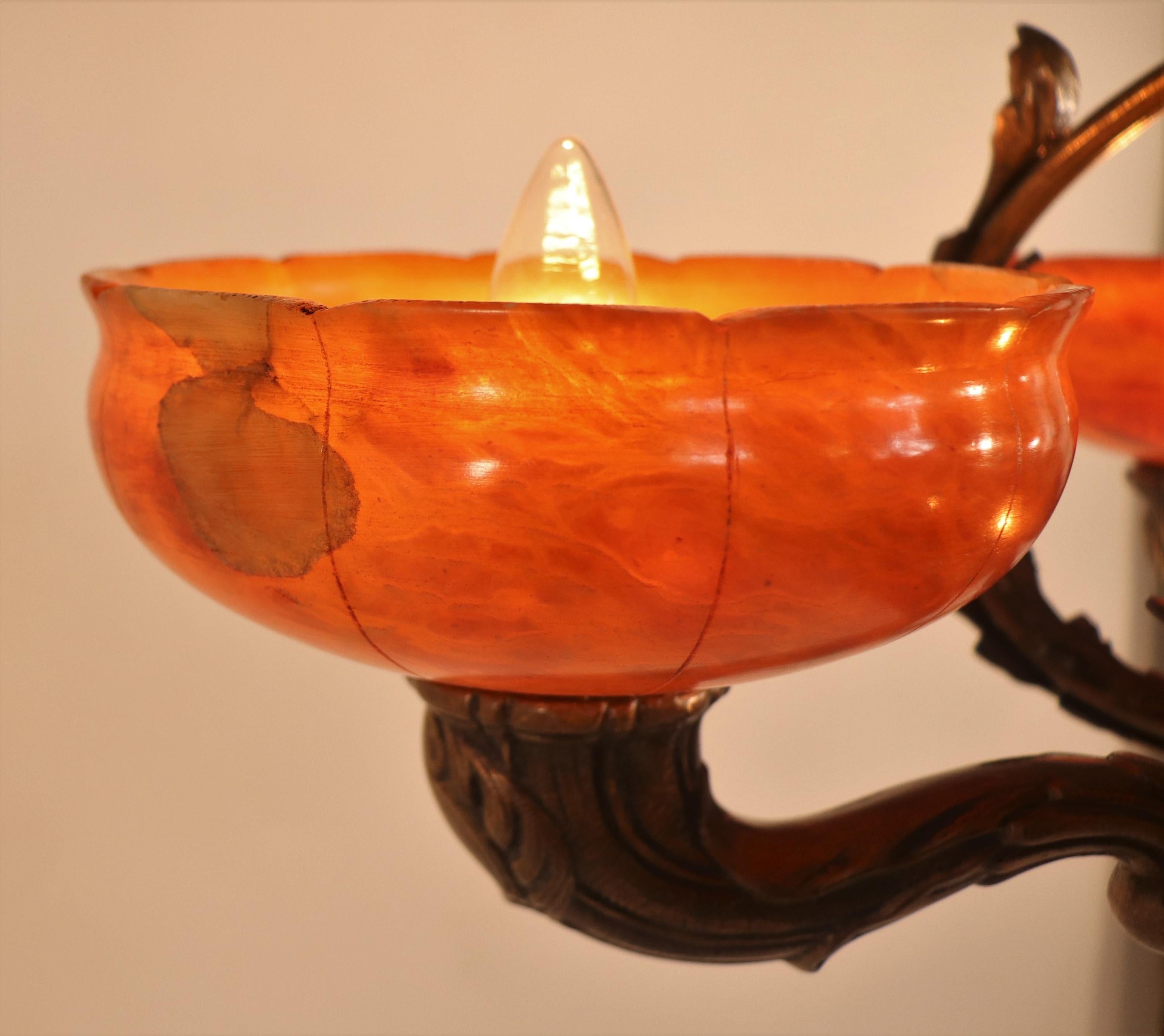 Early 20th Century French Bronze and Orange Amber Alabaster Chandelier For Sale 3
