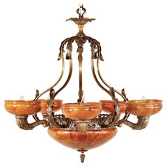 Antique Early 20th Century French Bronze and Orange Amber Alabaster Chandelier