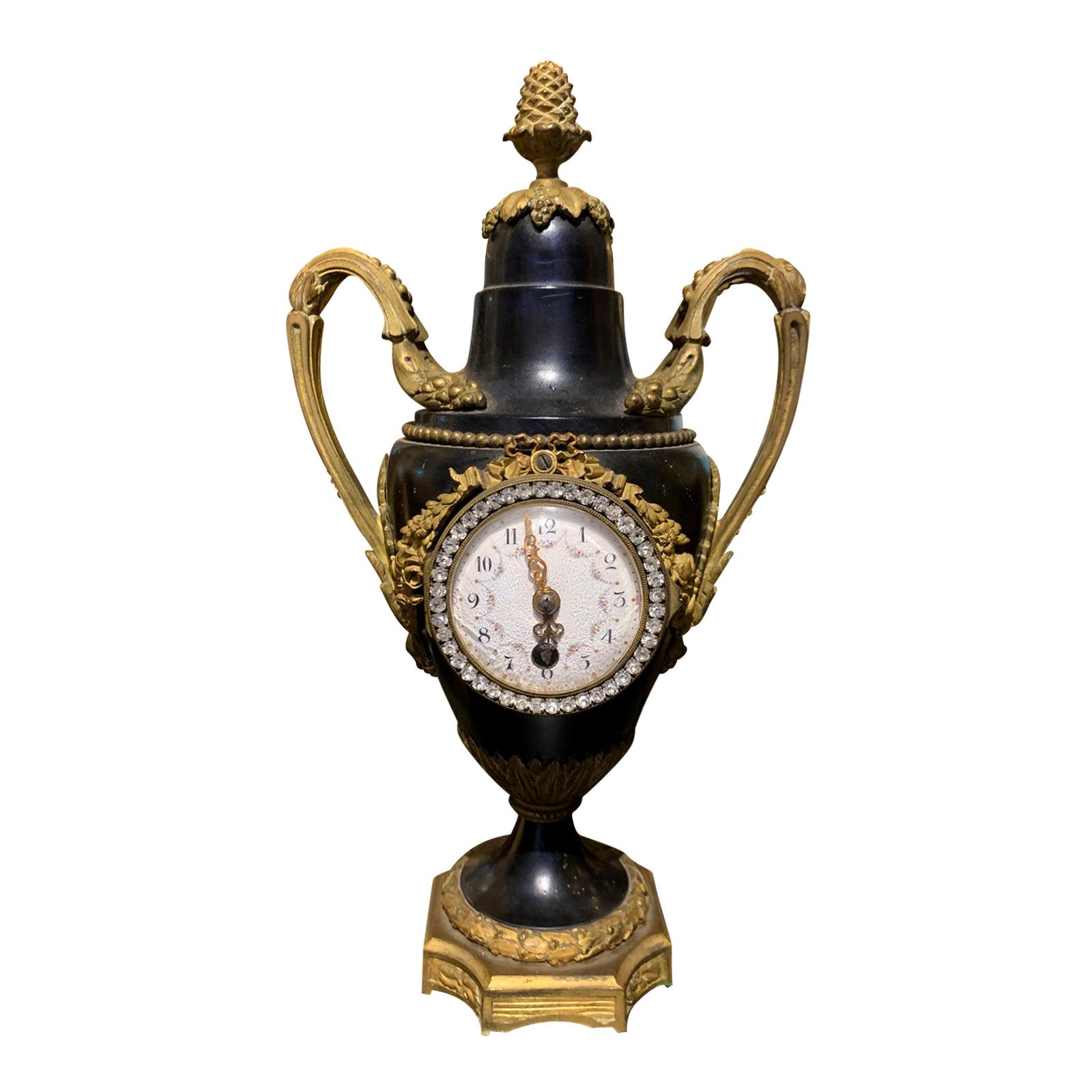 Early 20th Century French Bronze and Tole Diamonte Urn Form Clock, Signed JP For Sale