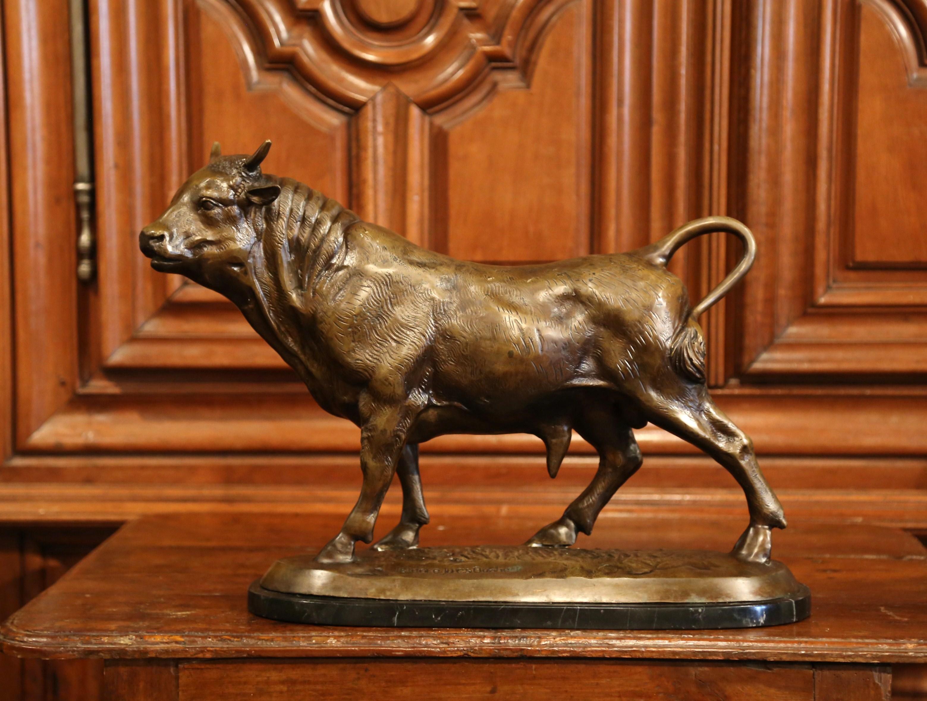 Hand-Crafted Early 20th Century French Bronze Bull Sculpture on Marble Signed Isidore Bonheur