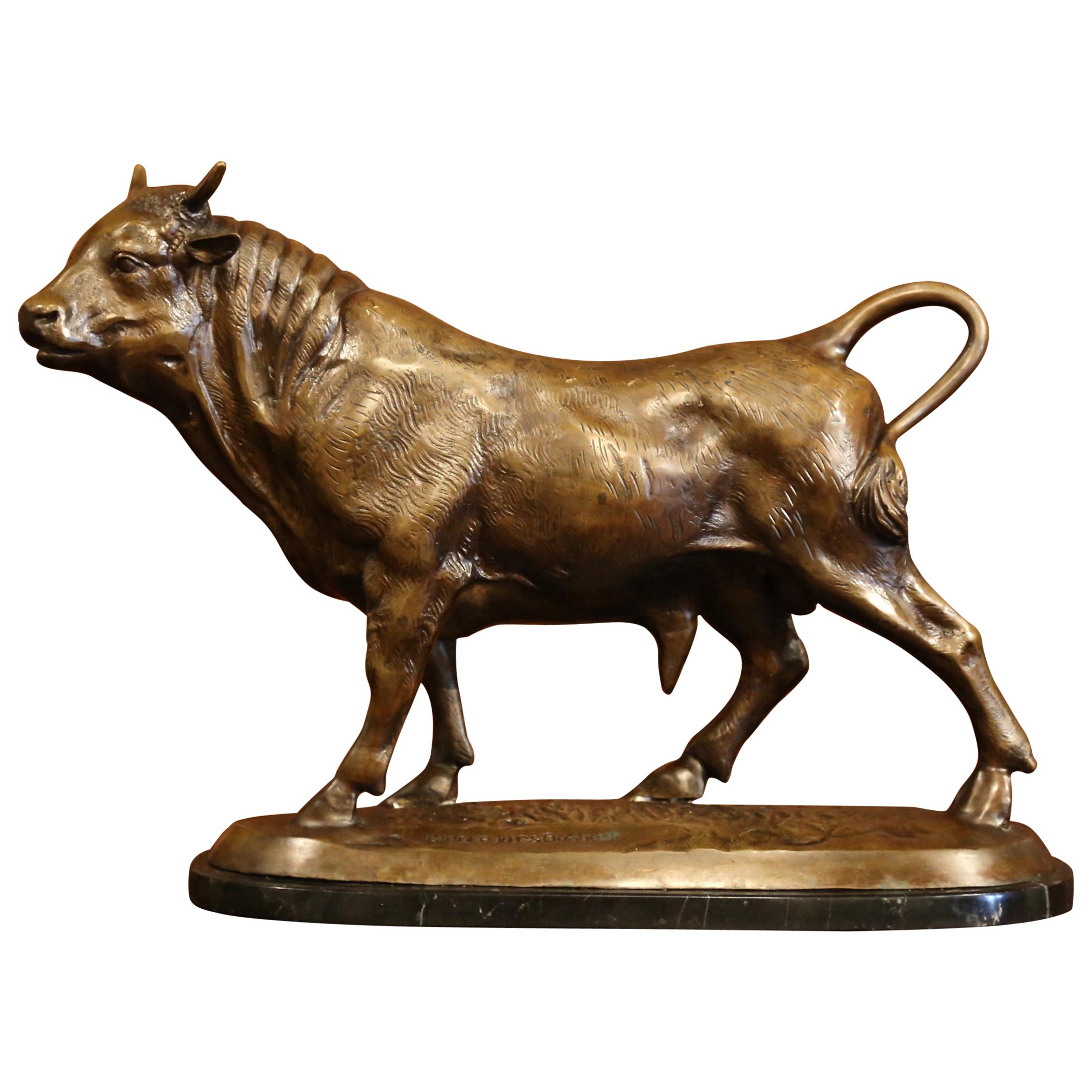 Early 20th Century French Bronze Bull Sculpture on Marble Signed Isidore Bonheur