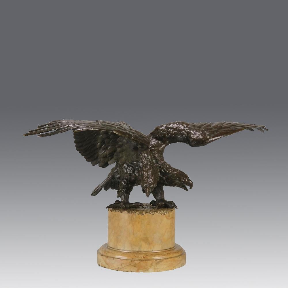 An interesting French bronze study of a two headed eagle with its wings outspread. The bronze exhibiting excellent hand chased surface detail and very fine rich brown patina, raised on a Italian marble plinth

ADDITIONAL INFORMATION

Width: 25