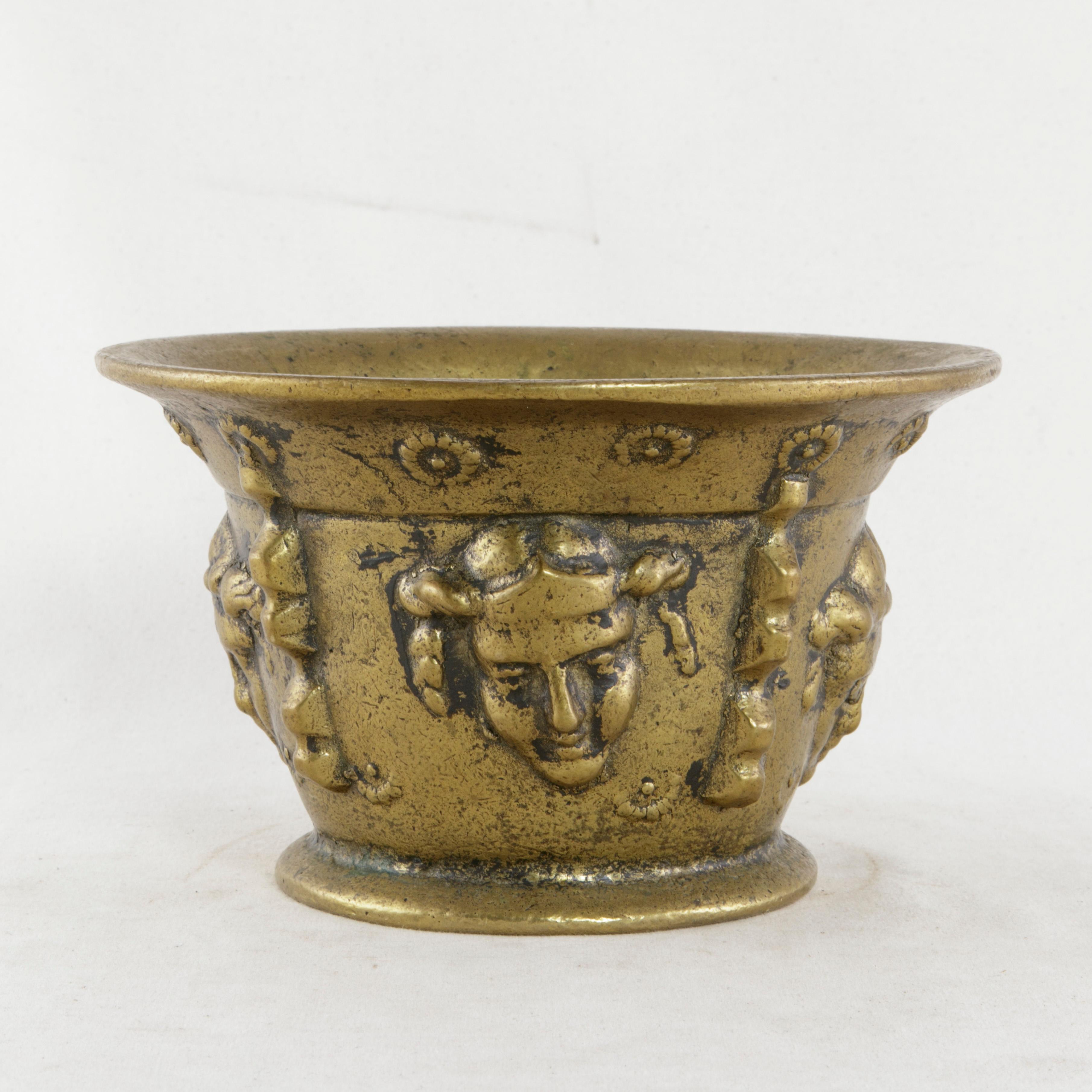 Early 20th Century French Bronze Mortar and Pestle with Masks Motif 2