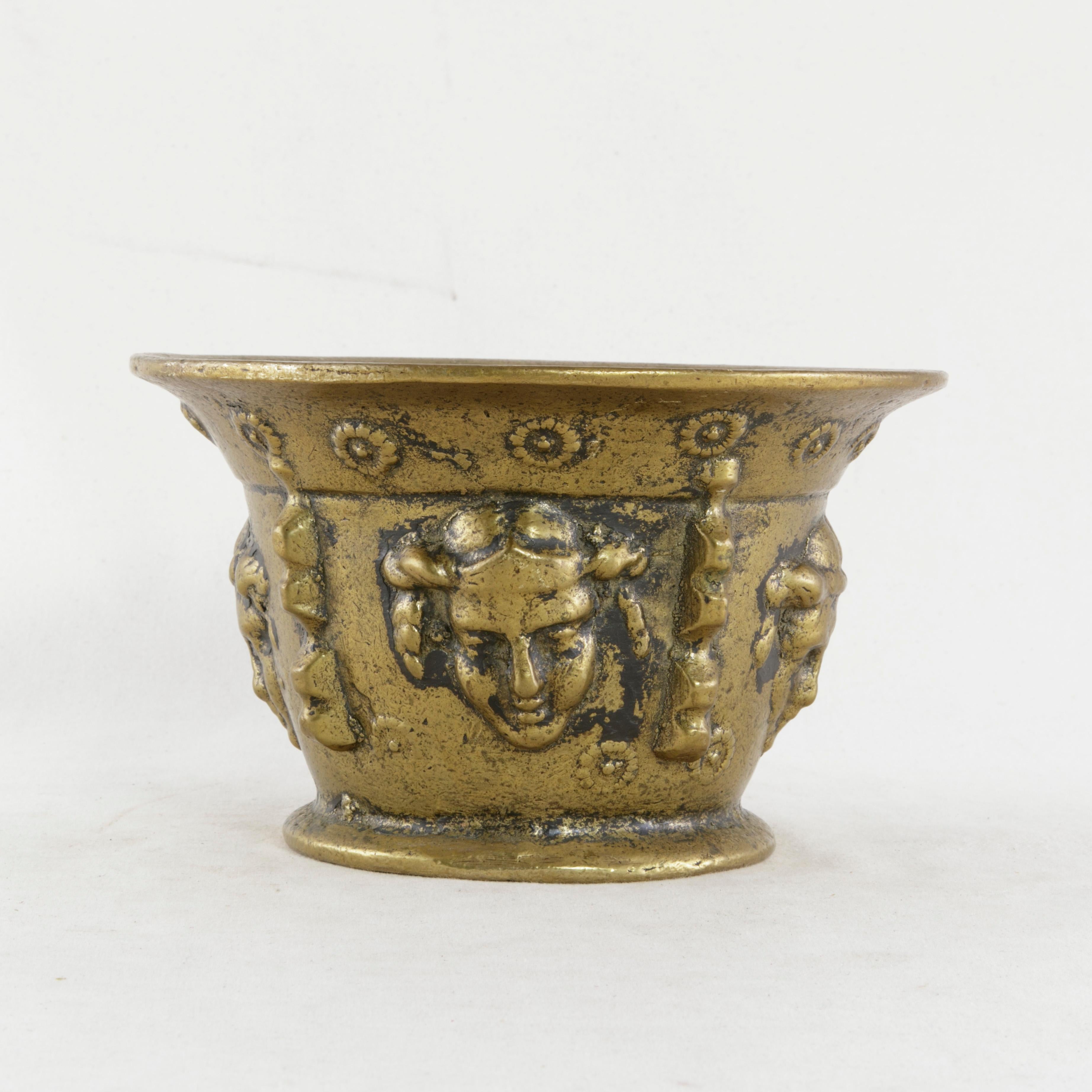 Early 20th Century French Bronze Mortar and Pestle with Masks Motif 4