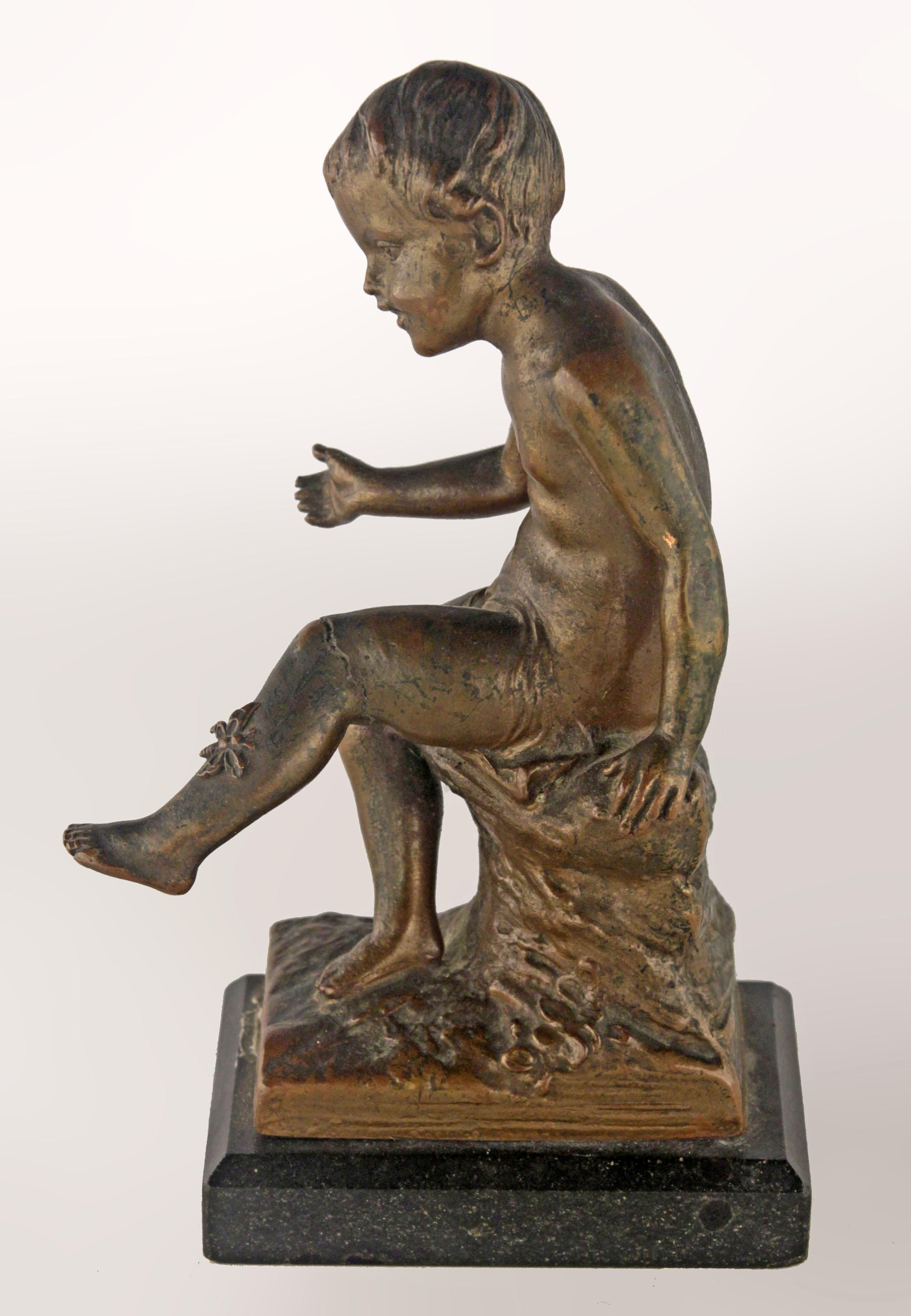 Belle Époque Early 20th Century French Bronze Sculpture with Marble Base of a Sitting Boy For Sale