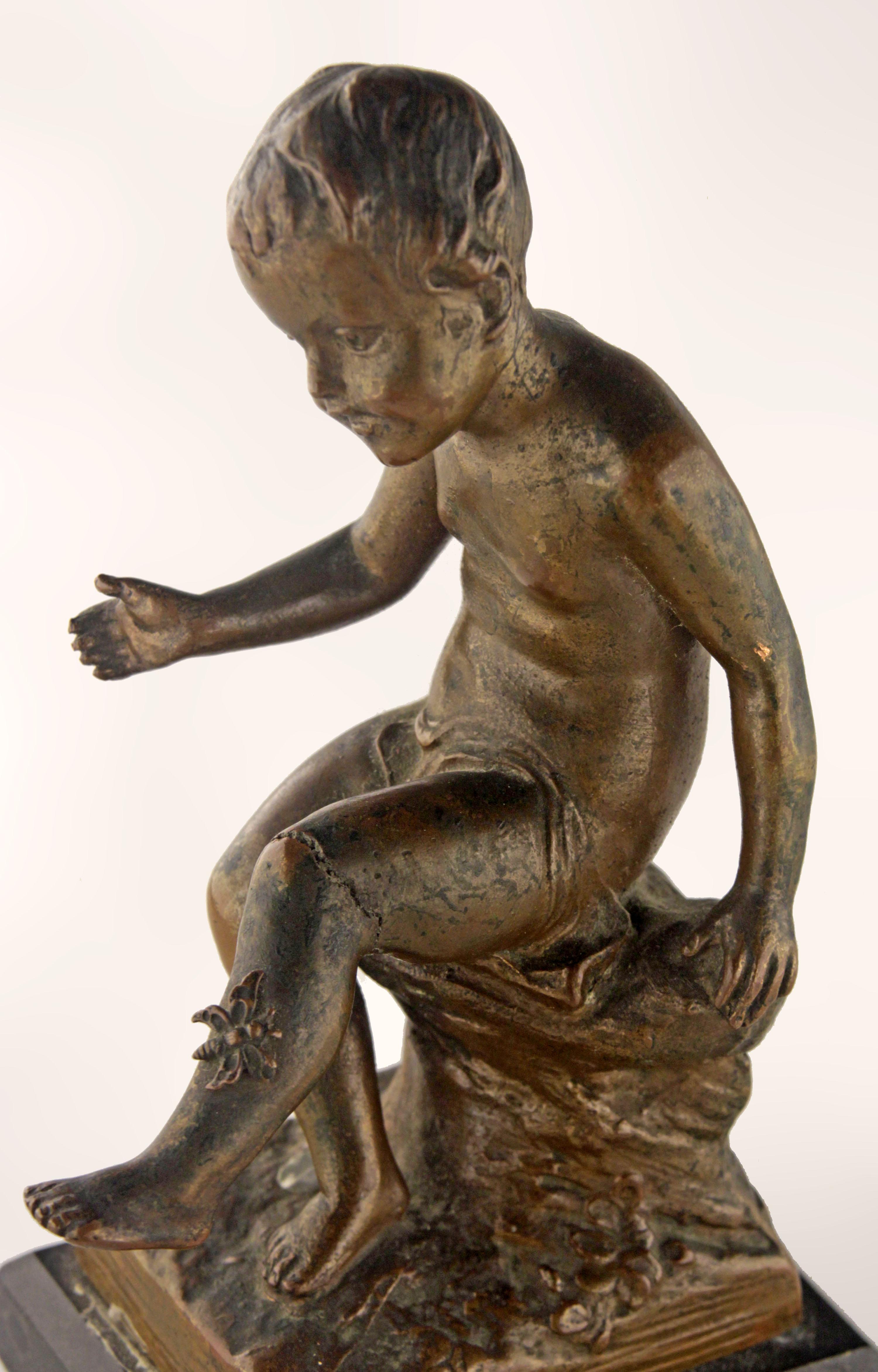 Early 20th Century French Bronze Sculpture with Marble Base of a Sitting Boy In Good Condition For Sale In North Miami, FL
